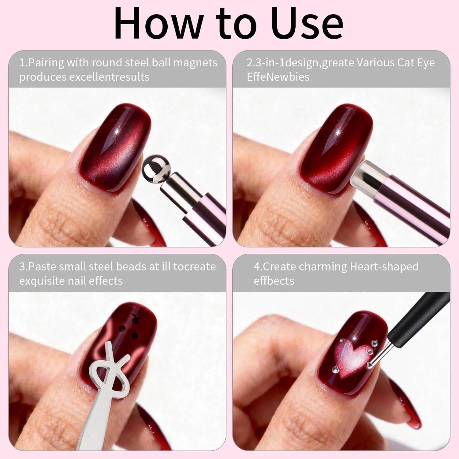 4Pcs Cat Eye Magnet Pen Tool Set,Cat Eye Heart Magnet for Nail Design | Steel Ball Magnetic Pen,Cat Eye Polish Magnet for Nail Art Design By RARKVEN