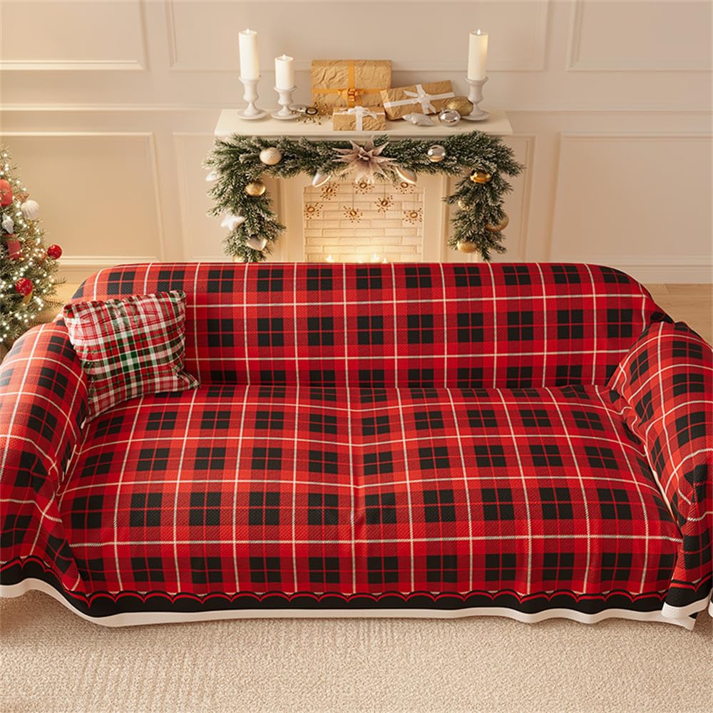 Highdi Navidad Funda de Sofá de Chenilla Manta Cubre Sofa Grande para 1 2 3 4 Plazas, Mantas Cómoda Cubrecama Protector Sofa Universal para Gatos Perros Arañazo (130x180cm,Cuadros Rojos)