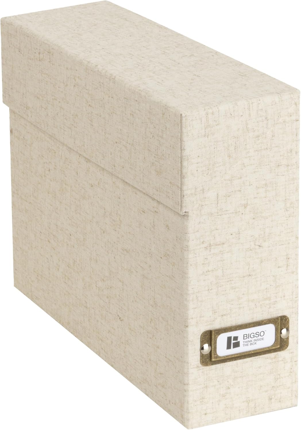 Bigso Lovisa Fiberboard Document Storage Box with 12 Folded Files for A4 and Letter Size Papers - Durable File Organizer Box with Lid and Label Holder - W3.7 x D13 x H9.4 (inches) - Linen Textile
