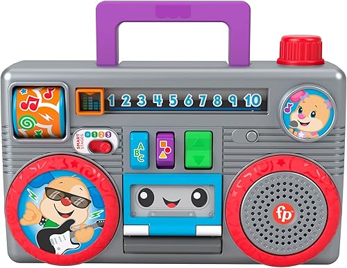 Fisher-Price Laugh & Learn Busy Boombox - Edición en inglés del Reino Unido, juguete musical de actividad infantil de inspiración retro con