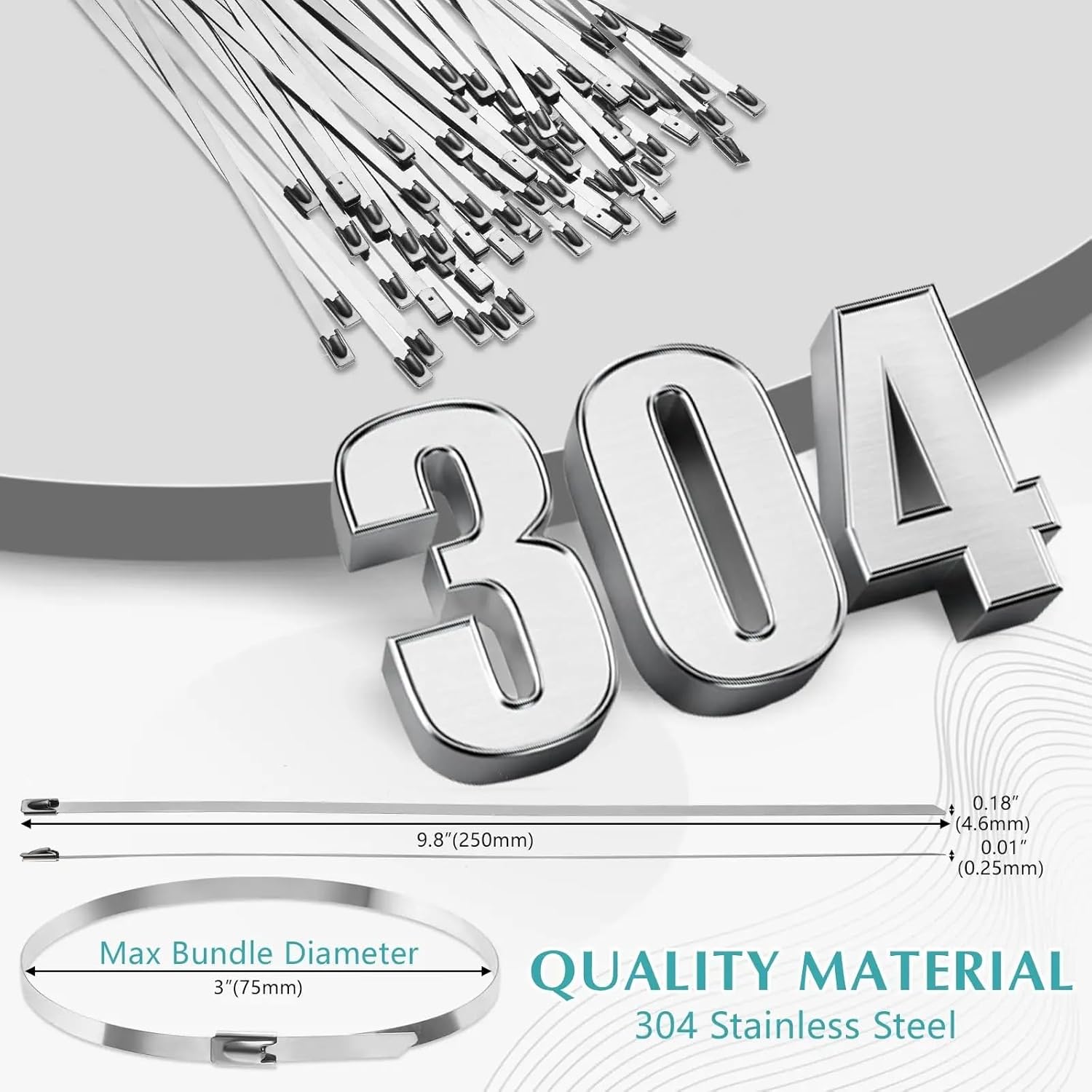 20Pcs/set 304 Stainless Steel Cable Ties Silver Metal Zip Ties Strap Duty Multi-Purpose Self-Locking Fastening Ring (4.6 * 200mm)