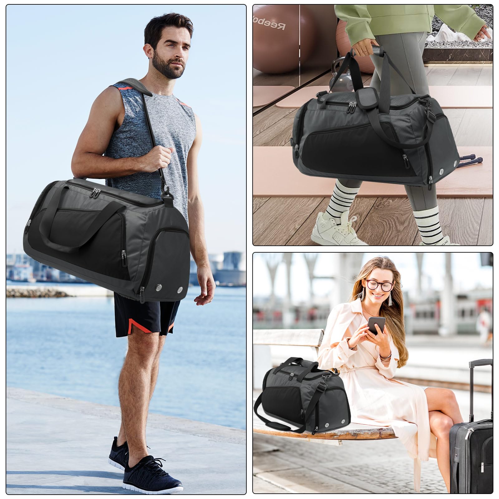 HUA ANGEL Borsone da palestra impermeabile per uomini e donne con scomparto per scarpe per viaggi, fitness, allenamento, calcio, pickleball Tenis, Grigio, Sportivo