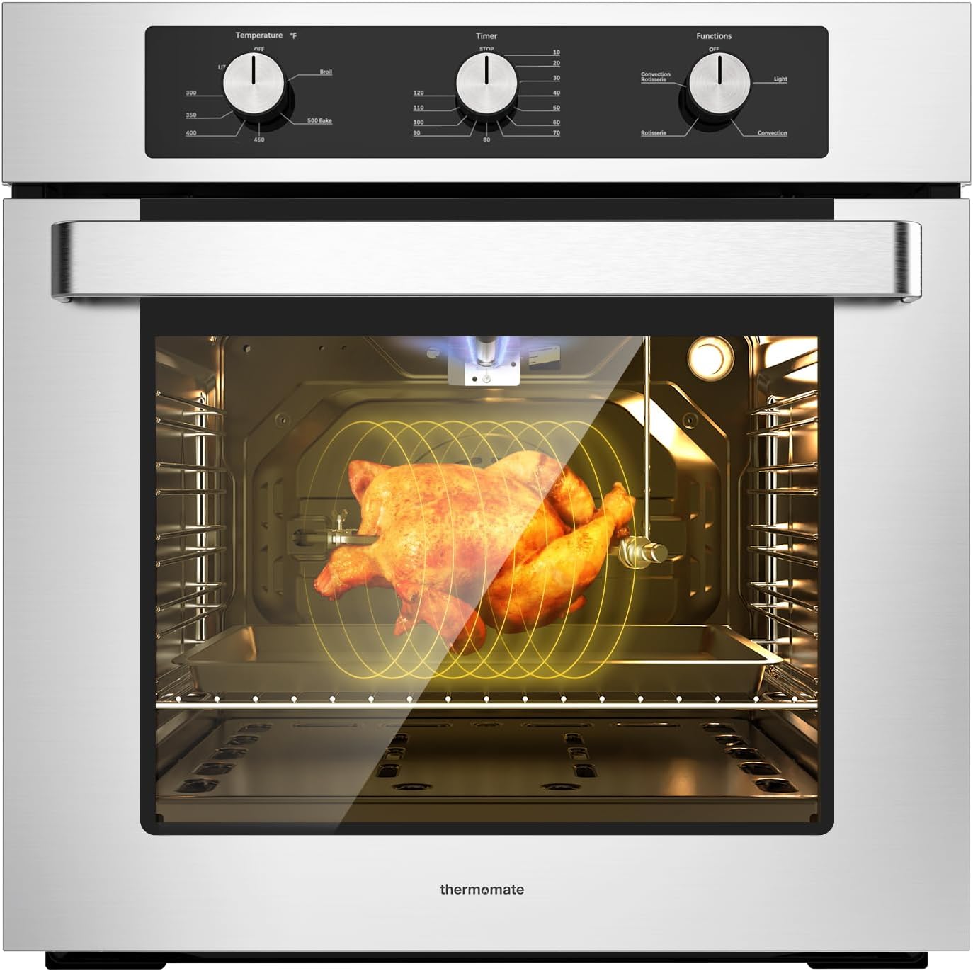 24" Single Wall Oven, thermomate 2.12 Cu.ft. Natural Gas Oven with 5 Cooking Functions and Rotisserie, Built-in Wall Oven with Mechanical Knobs Control, Stainless Steel