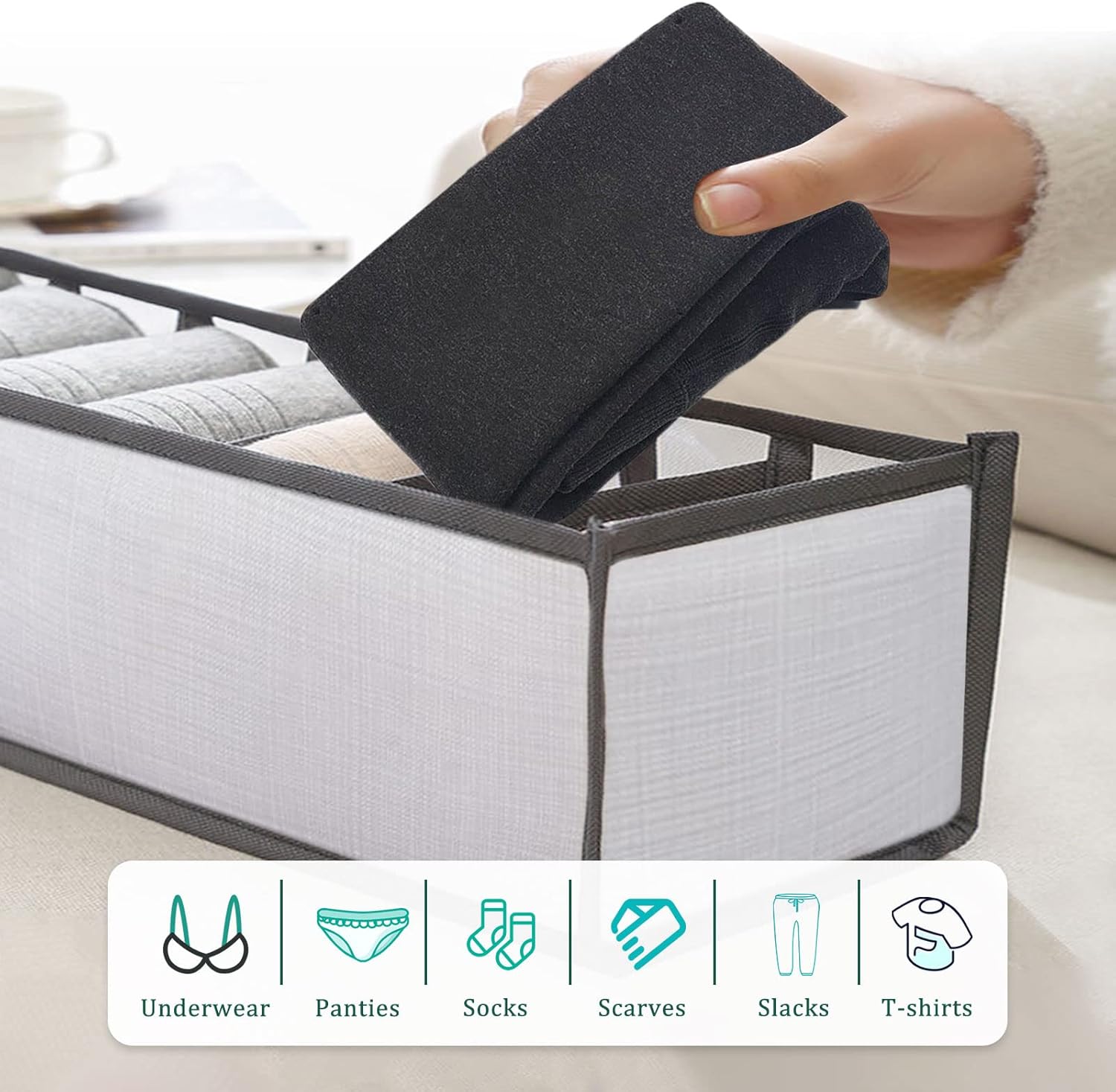 MengQiLe Organizer Armadio Cassetti, 7 Pezzi Organizzatore Divisori per Cassetti Pieghevole, Organizer Armadio Salvaspazio con 7 Scomparti per Reggiseni, Calze, Cravatte, Magliette, Pantaloni, ecc - Immagine 3