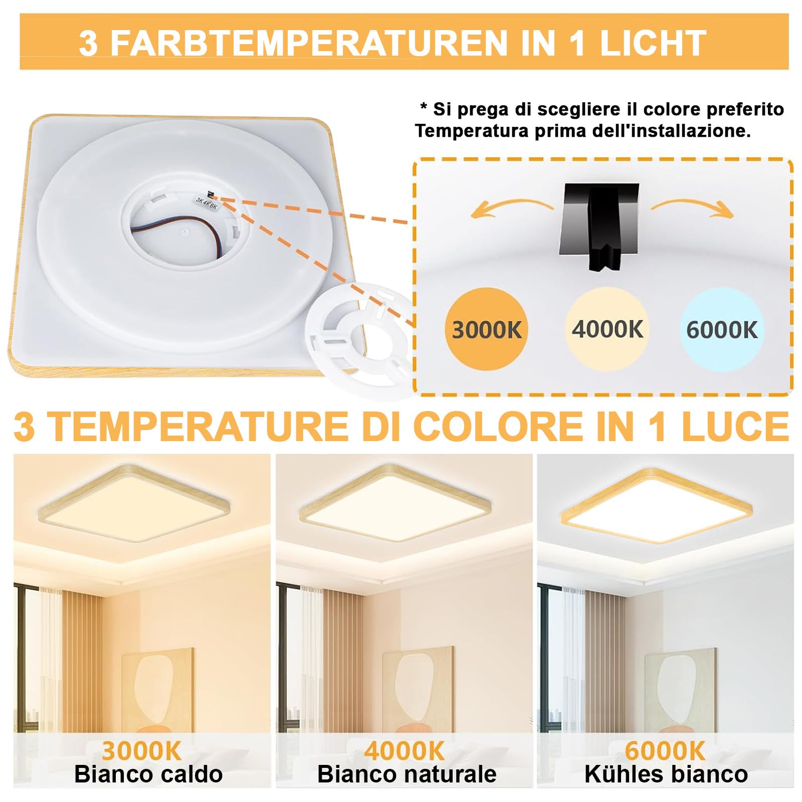 Plafoniera LED Soffitto Dimmerabile 24W, 3200LM Lampada da Soffitto, 6000K/4000K/3000K, IP54 Impermeabile Quadrata Plafoniere, Per Tutti Gli Ambienti Casa, Diametro Ø30CM, Finto legno Confezione 4