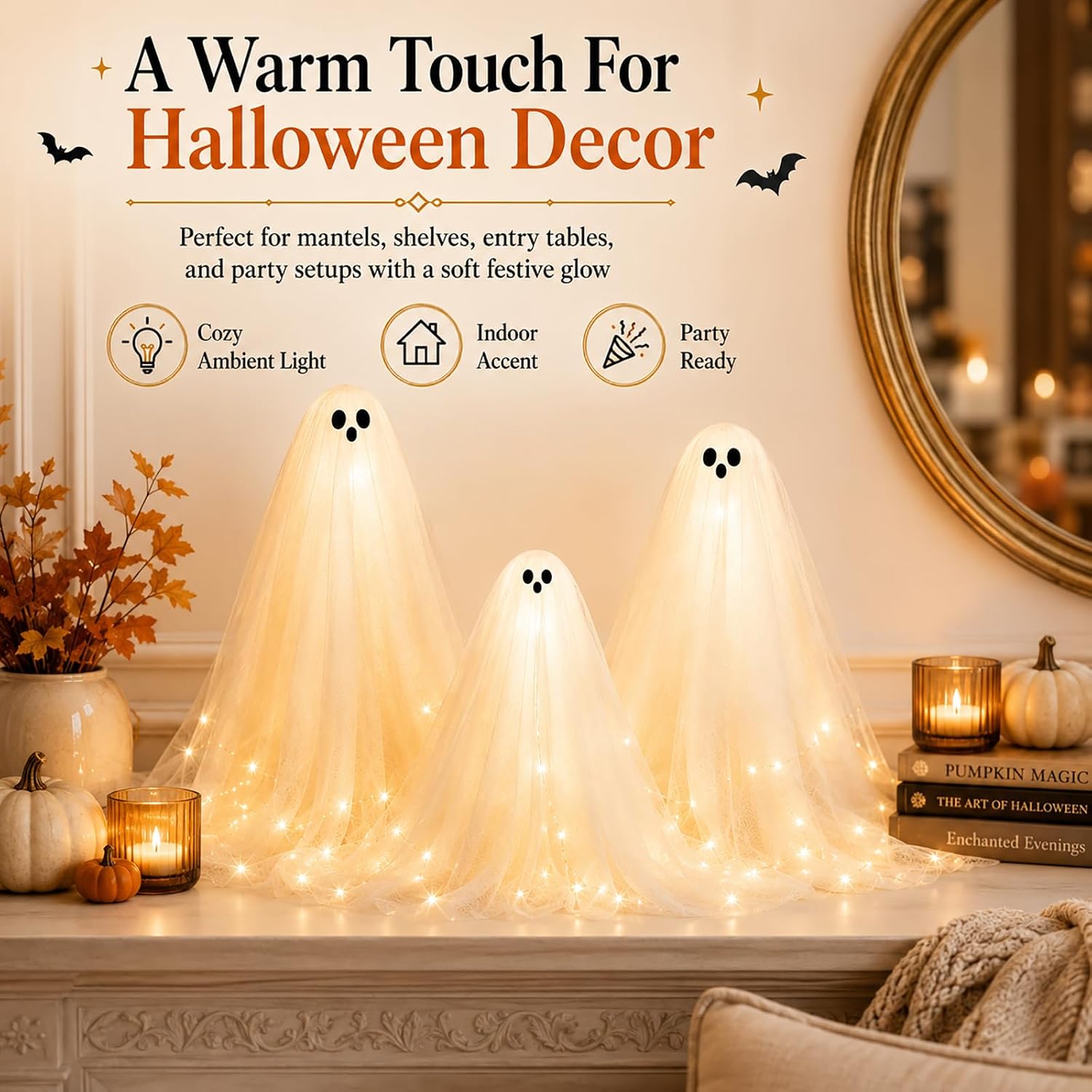 Halloween Decorations Indoor 3 Pack Witch Hat Lamp Ghost Candles Light Up Figurines for Table Decor Wall Room Desk Mantel Shelf Centerpieces Fabric Ghosts Ghostie Candlesticks Party
