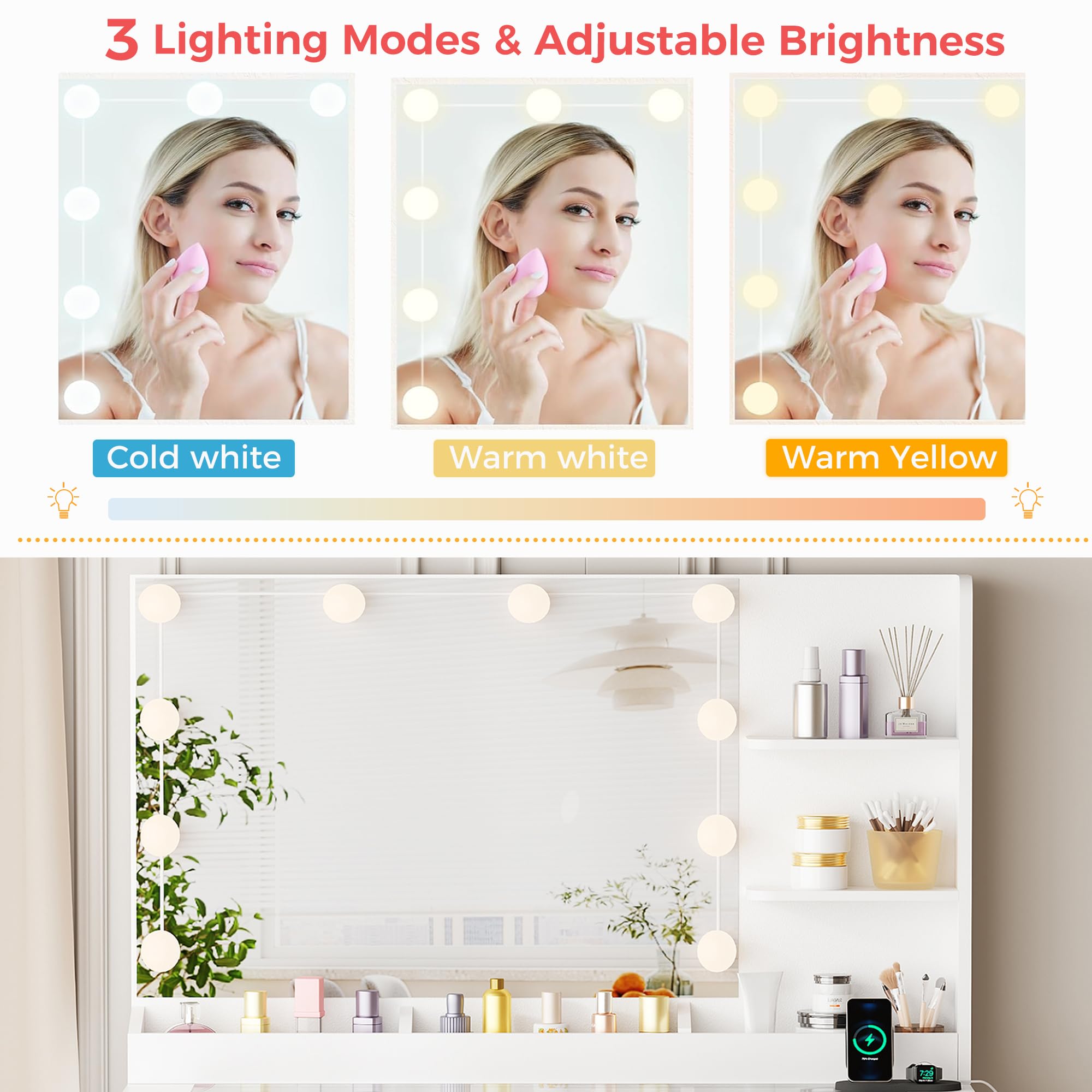 ANWBROAD Coiffeuse avec Miroir et Tabouret Éclairage LED Réglable, 3 Couleurs, Plateau en Verre, Coiffeuse avec Prise 5 Tiroirs et 5 Espaces de Rangement Ouverts, Moderne Blanc BDT74W
