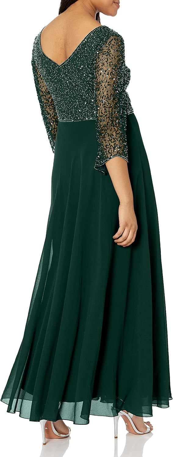 J Kara Women's Petite 3/4 Sleeve V-Neck Beaded Top Long Gown - Image 2