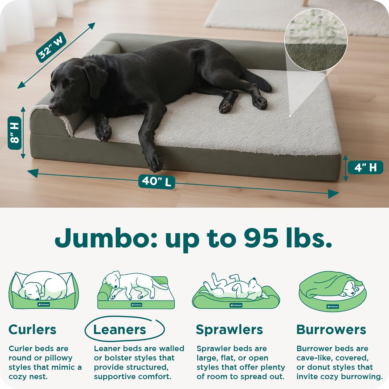 FurHaven Cooling Gel Dog Bed for Large Dogs, L-Shaped Chaise with Cool Gel-Top Foam with a Solid Orthopedic Foam Base for Joint Support, Washable Cover, Jumbo XL, Plush Faux Fur & Suede, Dark Sage