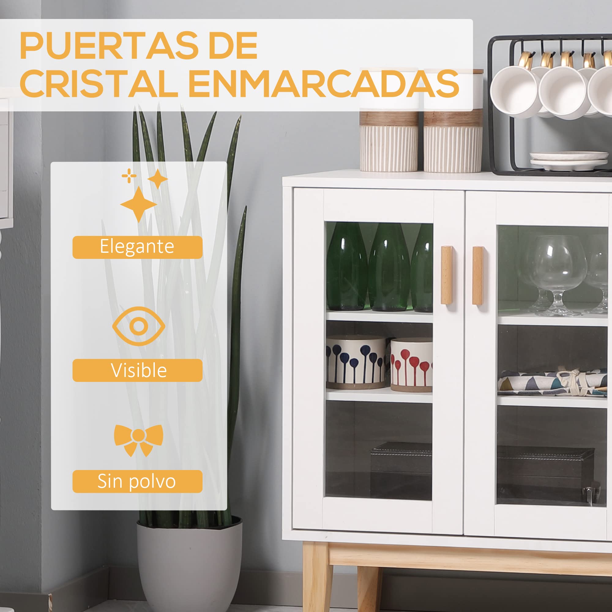 HOMCOM Aparador de Cocina con Botellero Mueble Buffet Auxiliar con 3 Puertas de Vidrio y Botellero en Forma X para 4 Botellas para Comedor Estilo Moderno Antivuelco 90x37x75 cm Blanco