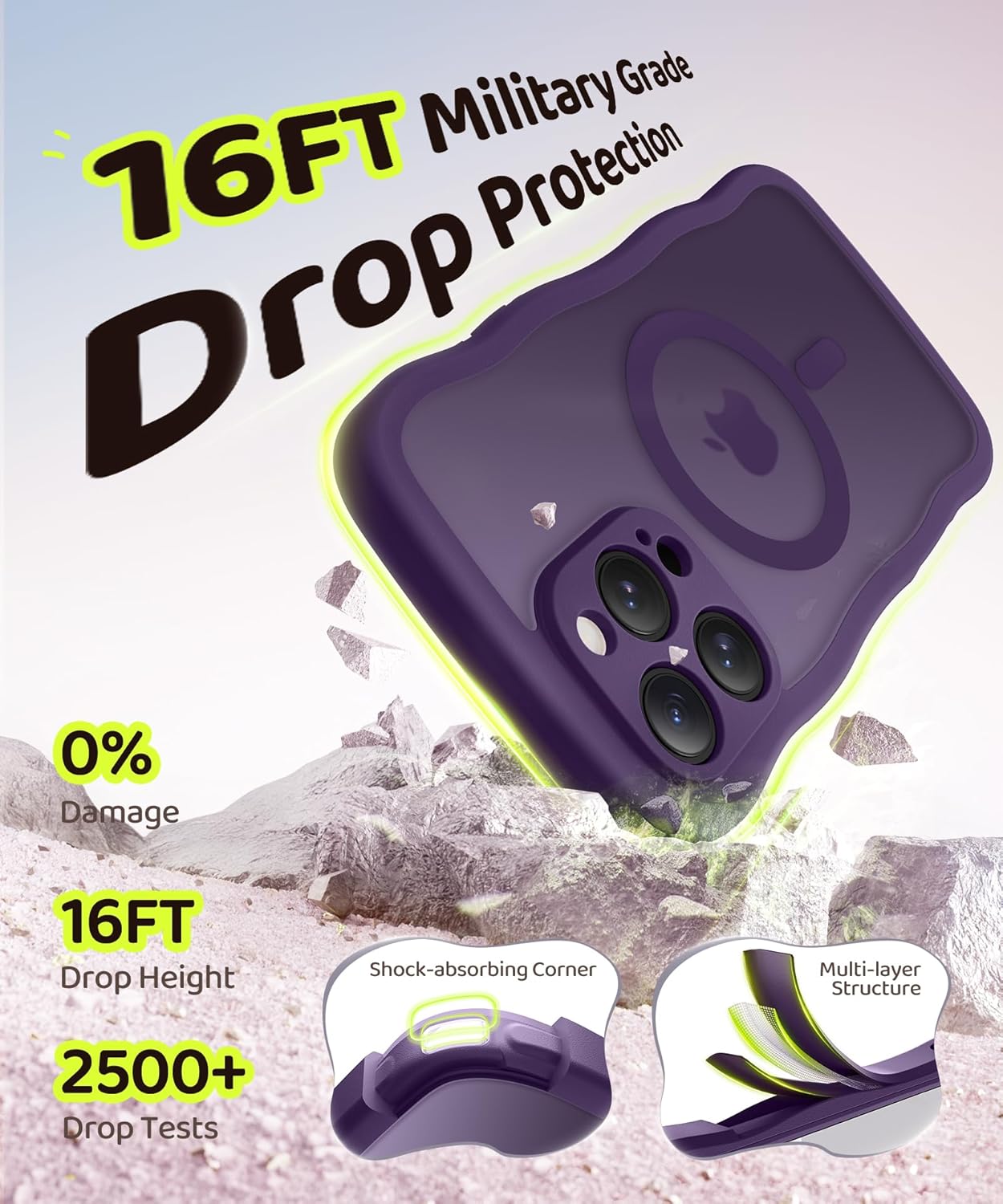 BERFY for iPhone 16 Pro Max Case for Women Girls,[Compatible with MagSafe][Built-in Glass Screen Protector and Camera Protection] Cute Wave Matte Full Body Phone Case for iPhone 16 Pro Max,Deep Purple - Image 5