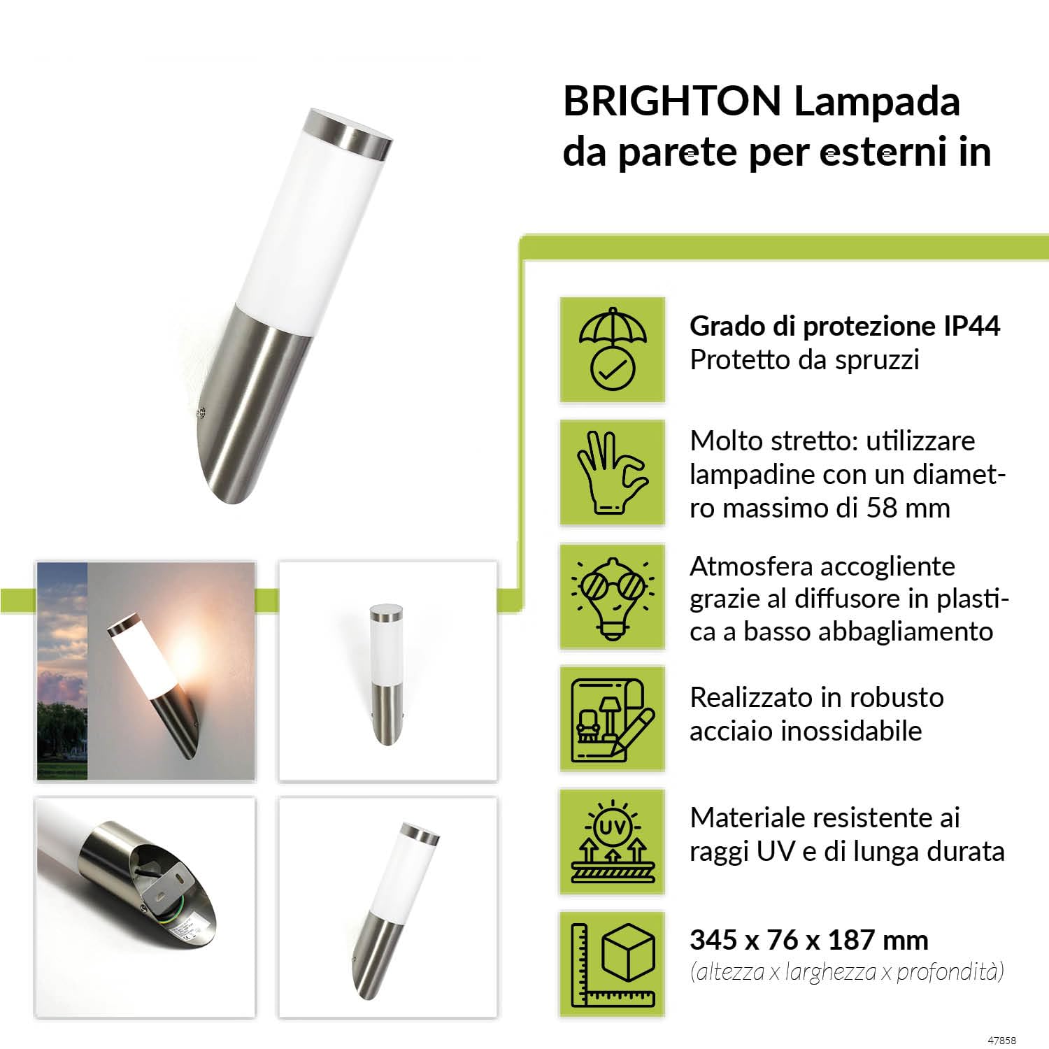 Licht-Erlebnisse Lampada da parete in acciaio inossidabile argento IP44 giardino terrazza A: 22 cm LED 4,5 watt lampada da parete per esterno design antiruggine bianco caldo