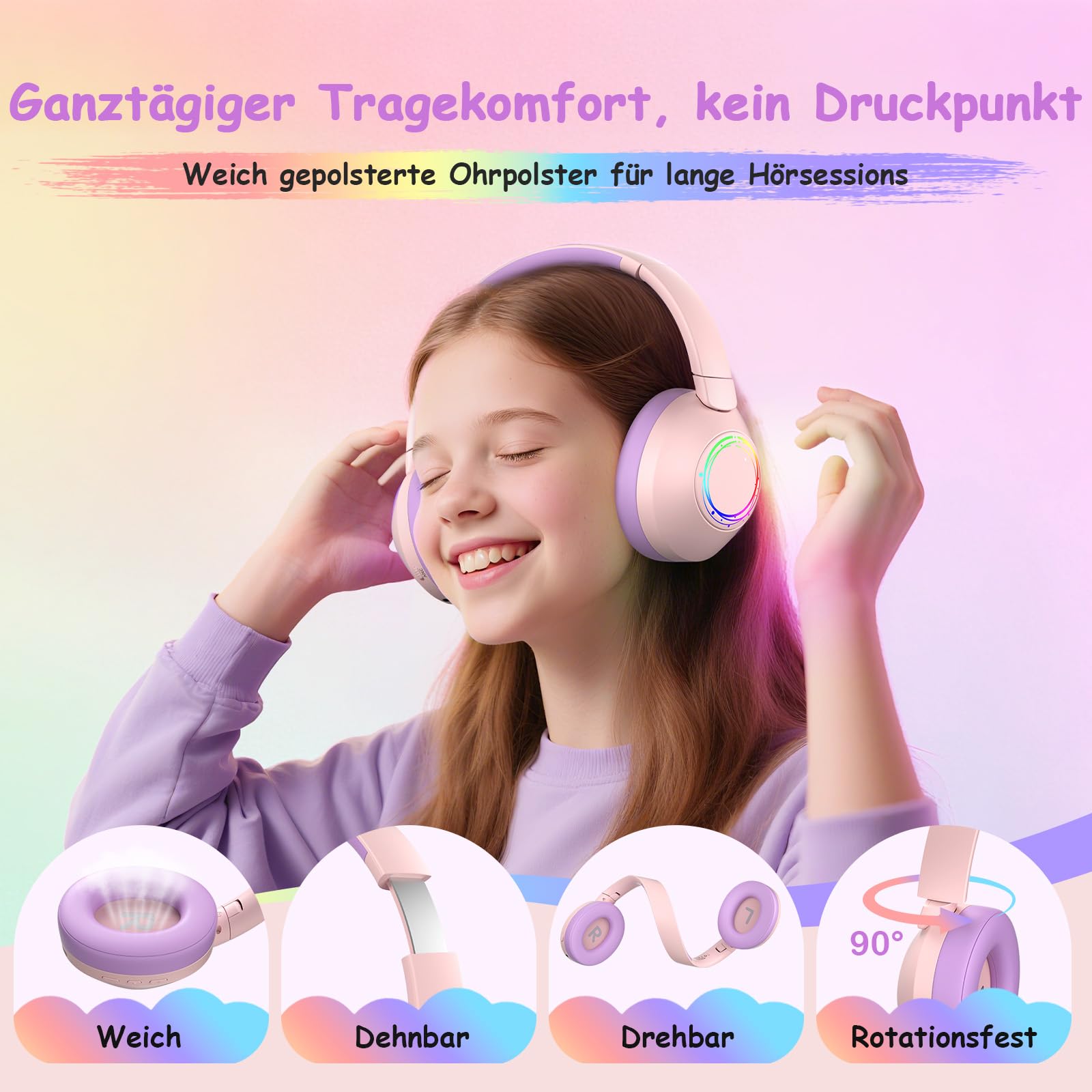 TONOSHARK Noise Cancelling Kopfhörer Kinder, Kinderkopfhörer Bluetooth, Bunte RGB LED Leuchte, 60h Spielzeit, Bluetooth 5.4, Headset Over Ear, Für Zuhause/Schule, Inkl. Kopfhörer Case (Rosa)