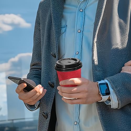 Miniatura 6 de Lamosi 12 OZ Tazas de café desechables con tapas, paquete de 50, taza de papel aislada con pared ondulada corrugada para bebidas calientes (Rojo)