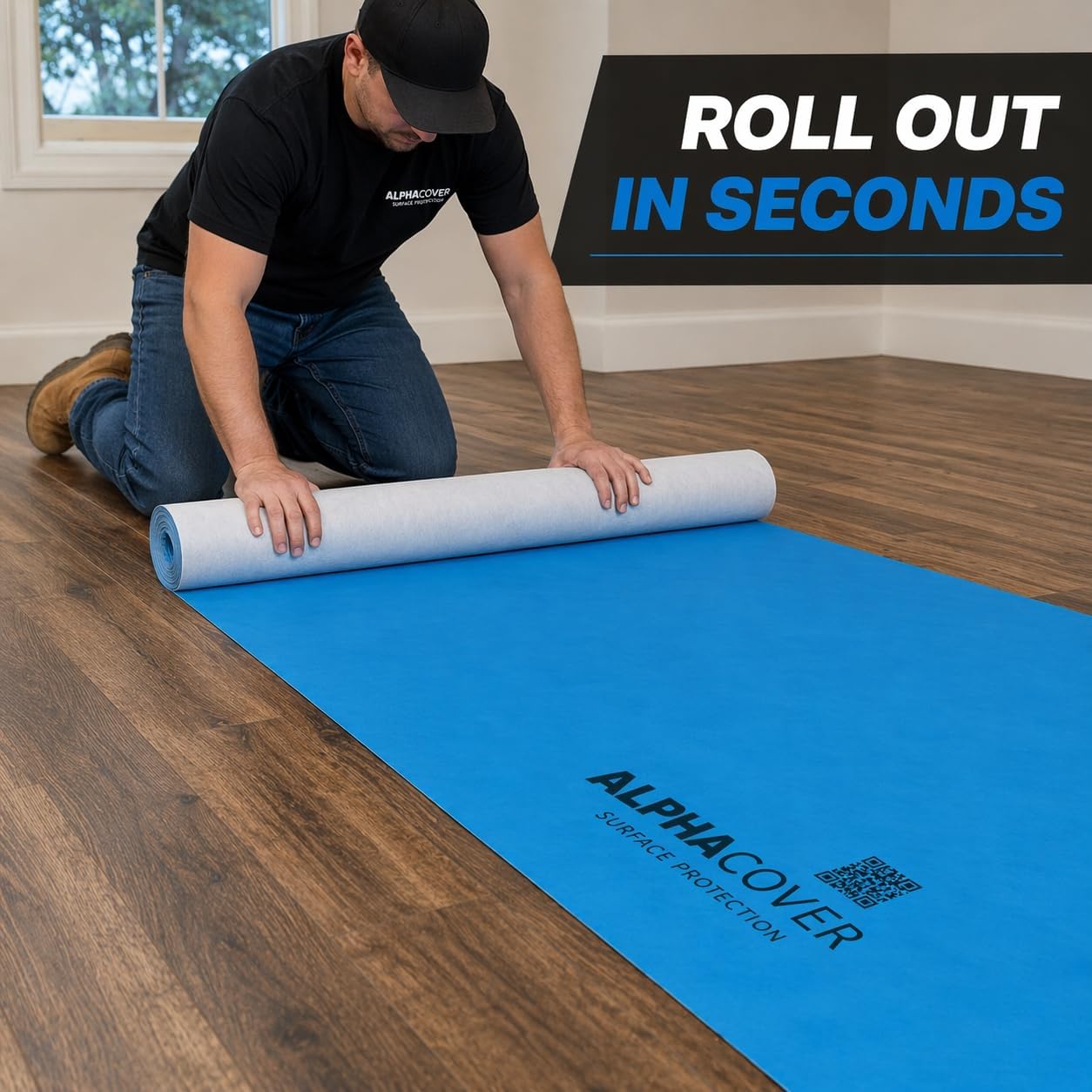 From Plain to Beautiful in Hours AlphaCover Blue Protective Floor Covering Sample - 20" x 20", Self-Adhesive Floor Protector for Moving & Construction, Waterproof & Breathable