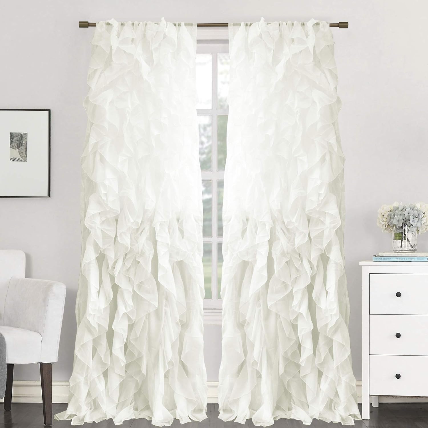 Sweet Home Collection SHRPNL-84-IVR-2PK Sheer Voile Vertical Ruffled Window Curtain Panel 50" X 84", Ivory, 84" x 50"