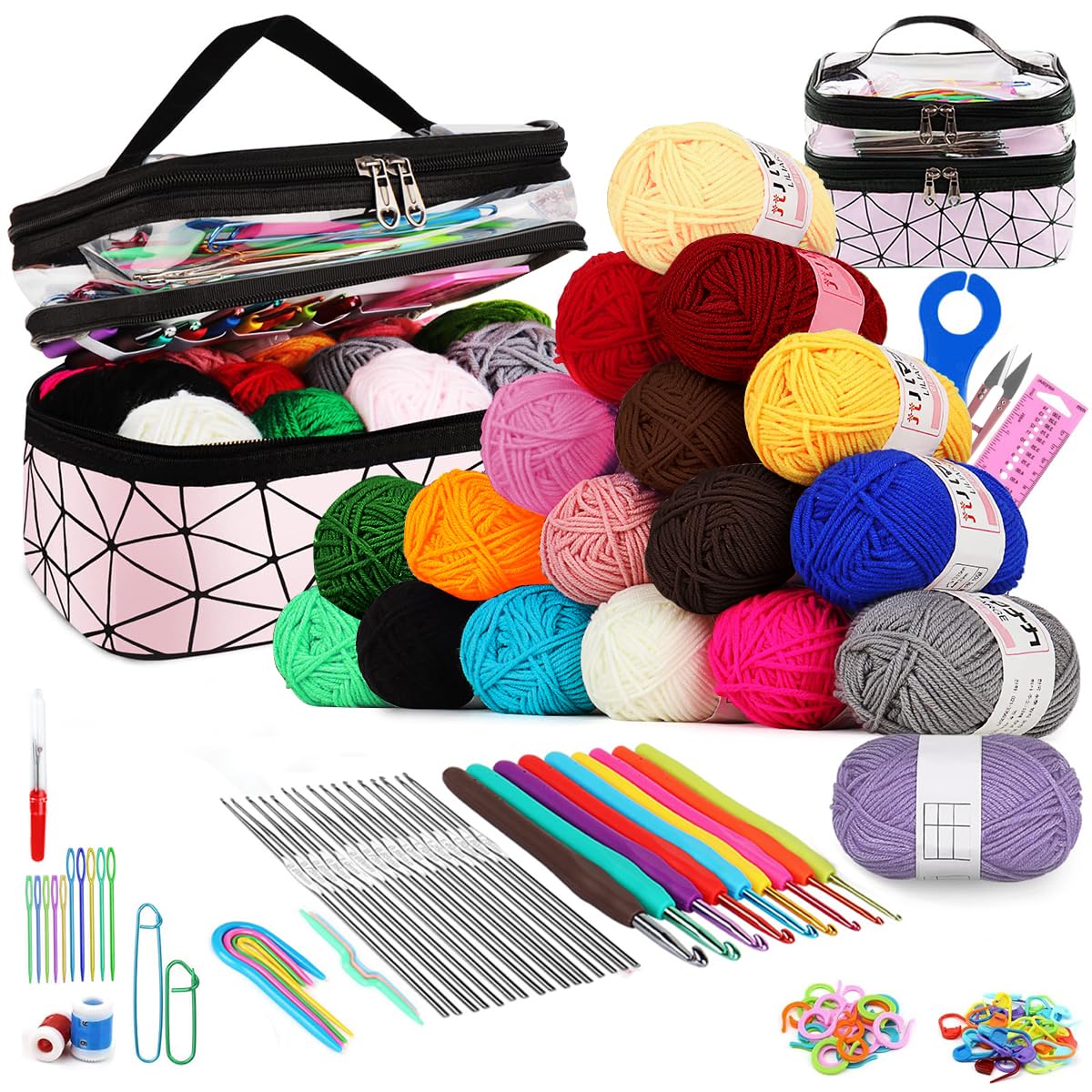 HASTHIP® DIY Crochet Hooks Color Yarn Kit with Zipper Bag,Beginners Crochet Kit,Full Sizes Hooks Stainless Steel Multi Color 4-Strand Yarns Rolls & Assorted Essential Tools