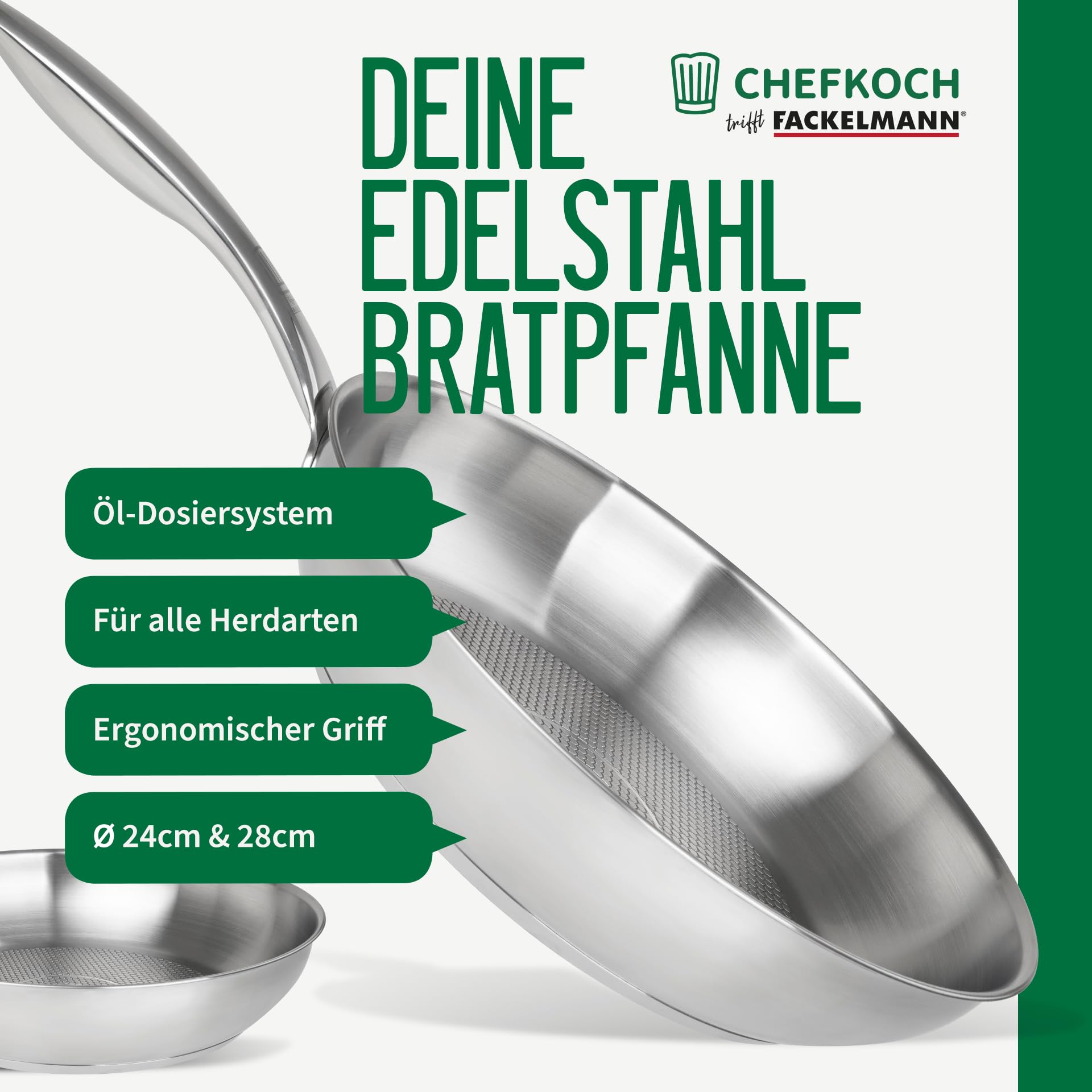 FACKELMANN Chefkoch Bratpfannen 2er-Set München aus Edelstahl Ø 28 & 24cm, Induktionsgeeignet & Spülmaschinenfest