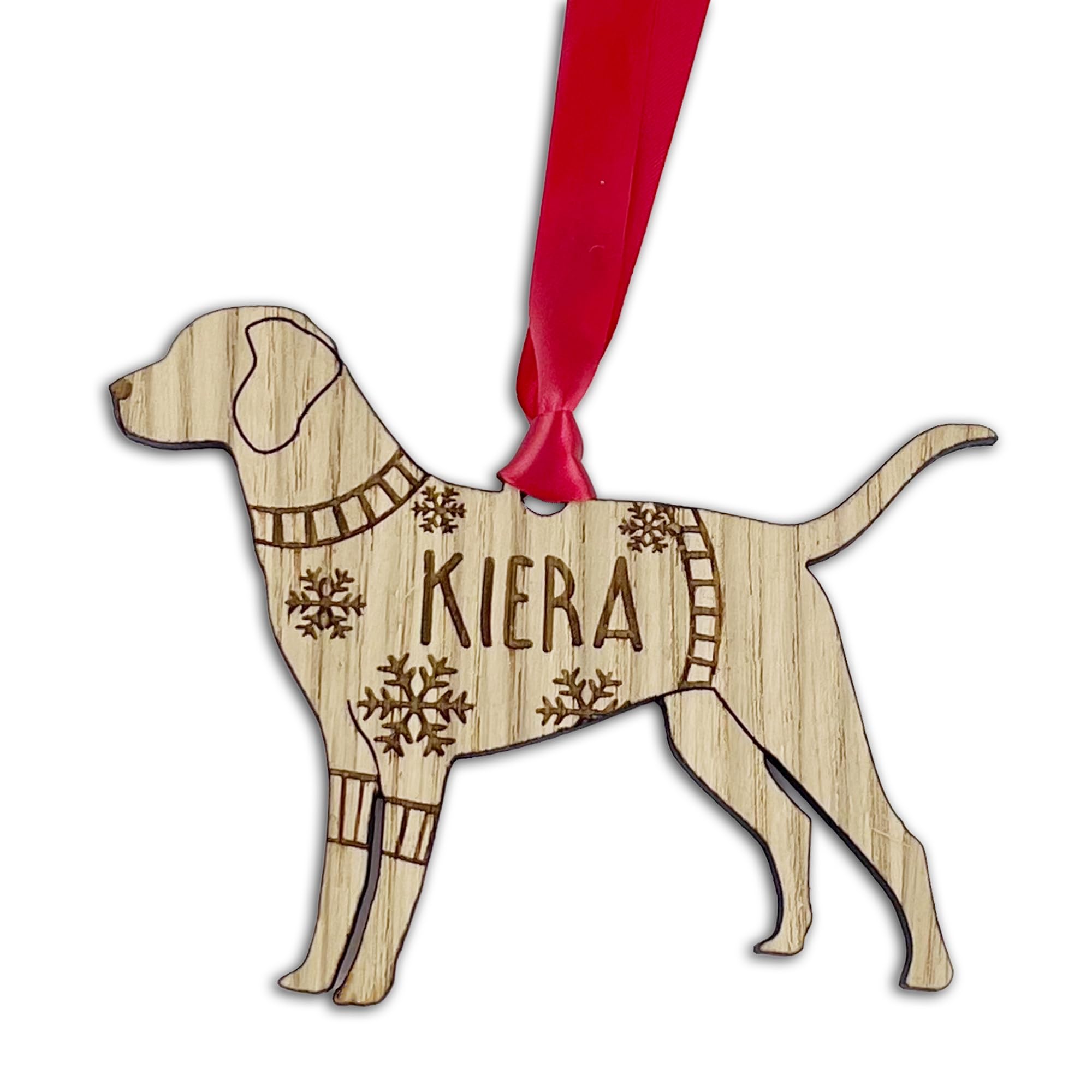 Personalised Labrador Dog Christmas Tree Bauble, Jumper with Snowflakes Design, Oak Veneer Wood or White Wood Decoration with Red Ribbon (White Wood, Deocration with Gift Box)