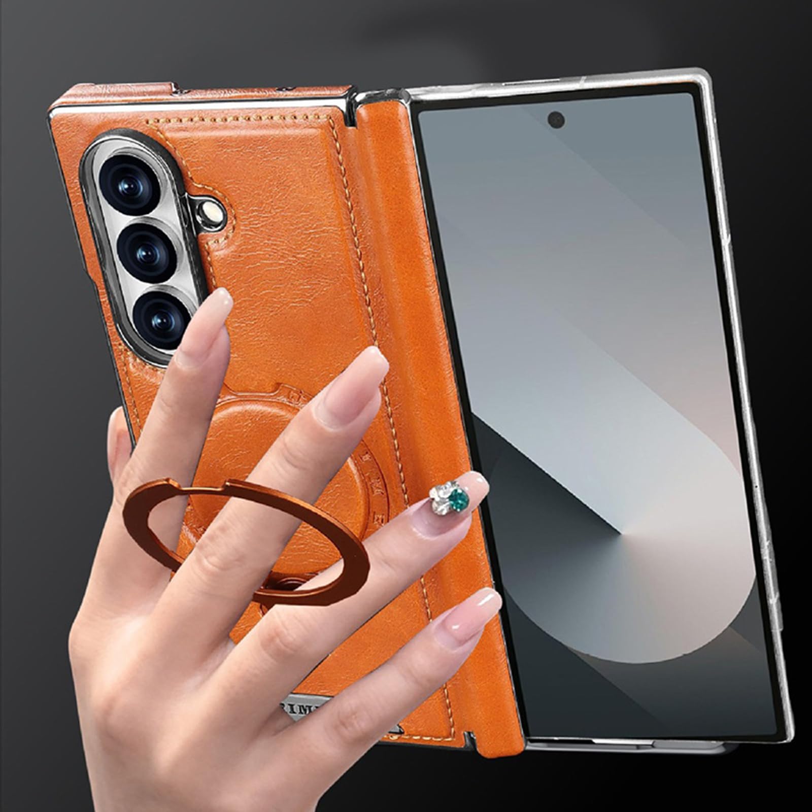 Magnetica Custodia per Samsung Galaxy Z Fold 8 Ultra, Galvanizzazione Pelle | Cerniera Protezione Cover con Rotabile Metallo Anello Supporto Ricarica Wireless Affari Caso,Rosso,Fold 8 Ultra