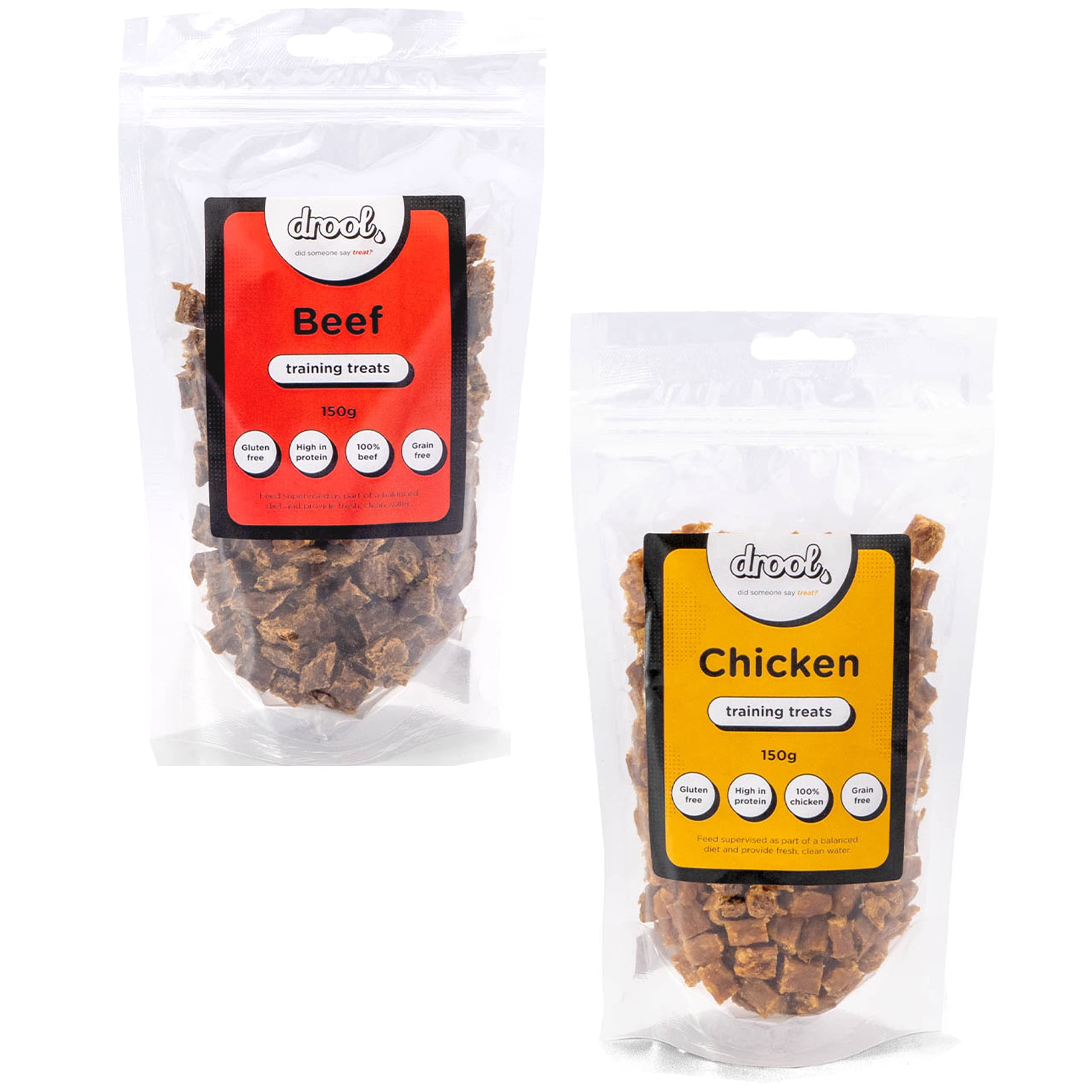 droolPet Products 100% Pure Dried Fresh Meat Beef & Chicken | Double Pack Training Treats for Dogs | 2 x 150g Air-Dried Nibbles Dog Chews for Dogs & Puppies