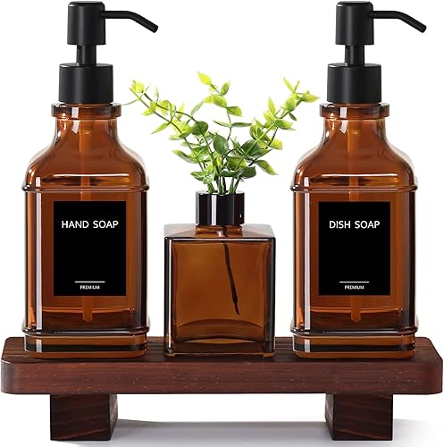Moderno dispensador de jabón de cocina con bandeja de madera, dispensadores de jabón de vidrio ámbar con bomba, juego de dispensador de jabón