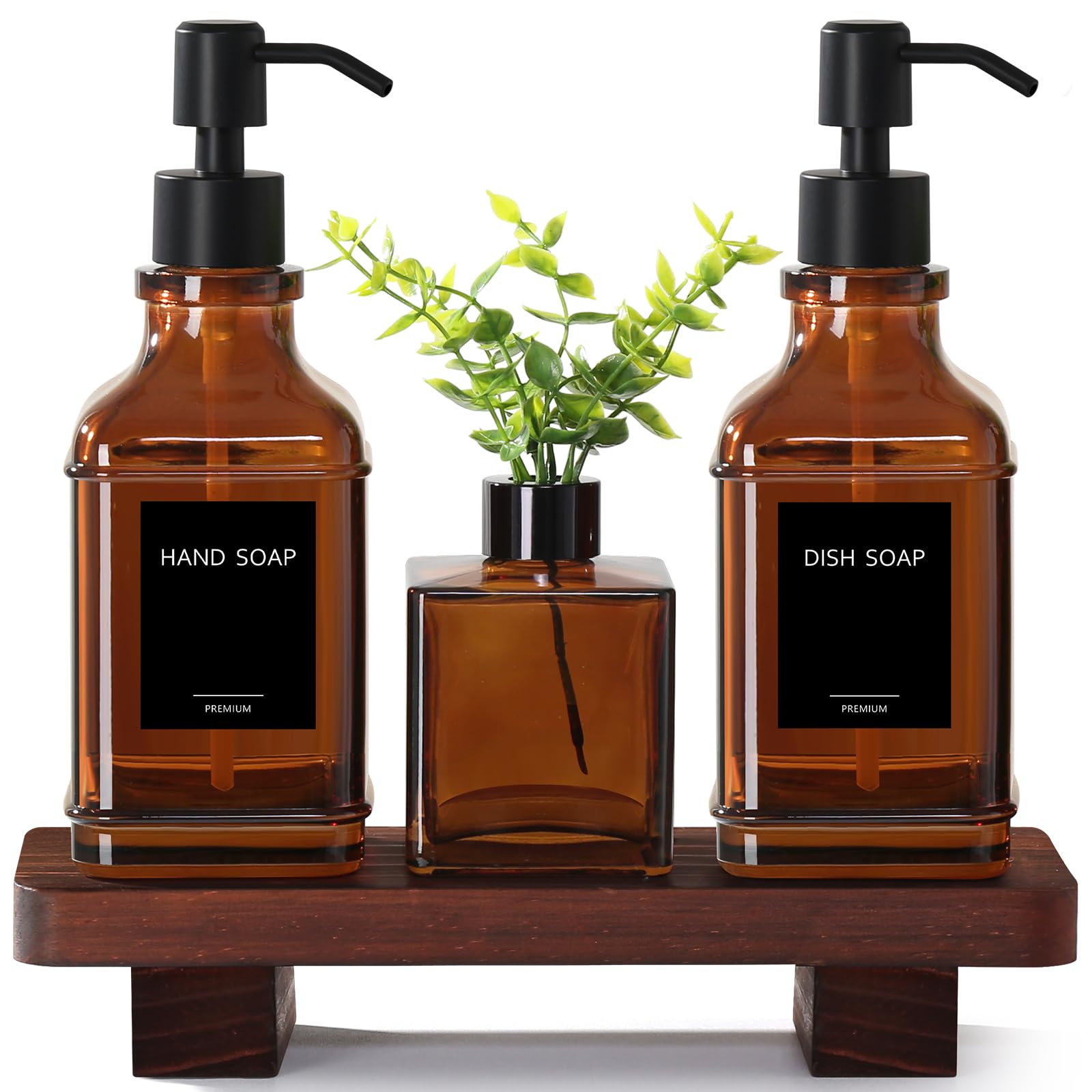 Moderno set di dispenser di sapone da cucina con vassoio in legno, dispenser di sapone in vetro ambrato con pompa, set di dispenser di sapone decorativo per mani e piatti, dispenser di sapone e
