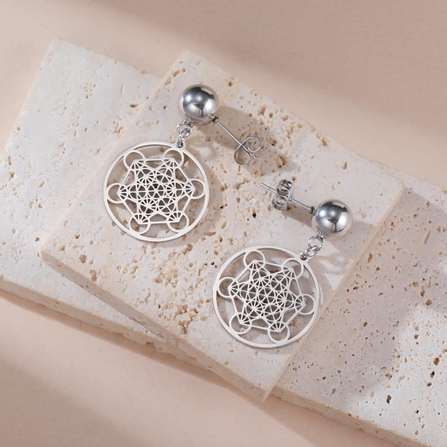 TEAMER Metatron Stud Earrings Stainless Steel Geometric Hollow Metatron Cube Dangle Earrings Vintage Amulet Jewelry for Women - Image 5