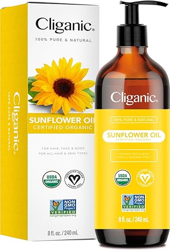 Cliganic Aceite de girasol orgánico, 100% puro (8 onzas), para piel, cabello y cara, natural prensado en frío sin refinar