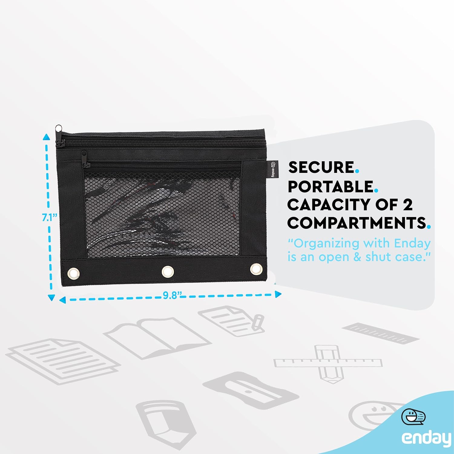 Enday 2 Pack Black Pencil Pouch for 3 Ring Binder, 2 Compartment Zippered Pencil Case, 9.5' x 7' - Image 5