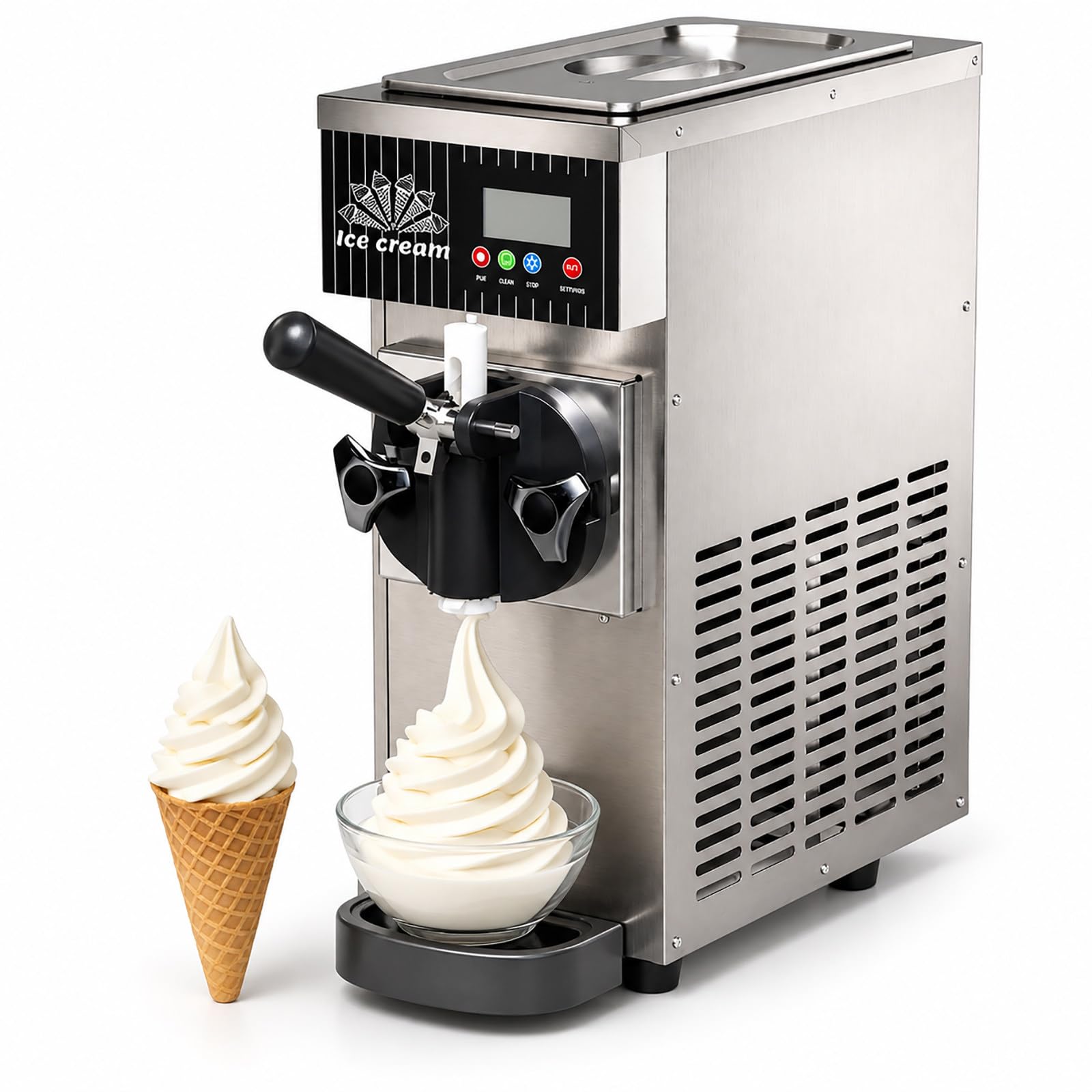 vnmudzeo Soft Serve Ice Cream Maker - 450W Countertop Machine, Single Flavor, 2.5L Hopper, 33.8oz Freezing Cylinder for Cafes and Snack Bar Use Silver