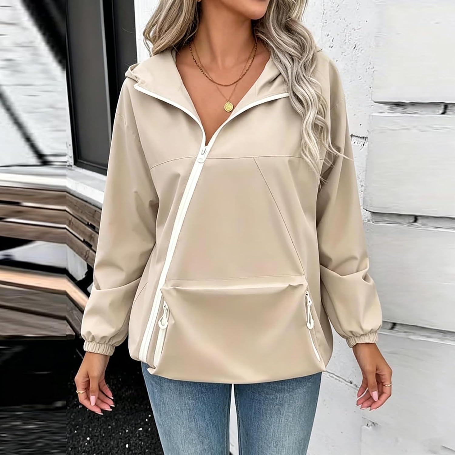 Zip Up Hoodie Jacket for Women Lightweight Windbreaker Rain Coat | Women's Casual Softshell Jacket with Contrast Zipper Trim, Zip Pockets, Elastic Cuffs for Spring Fall Travel
