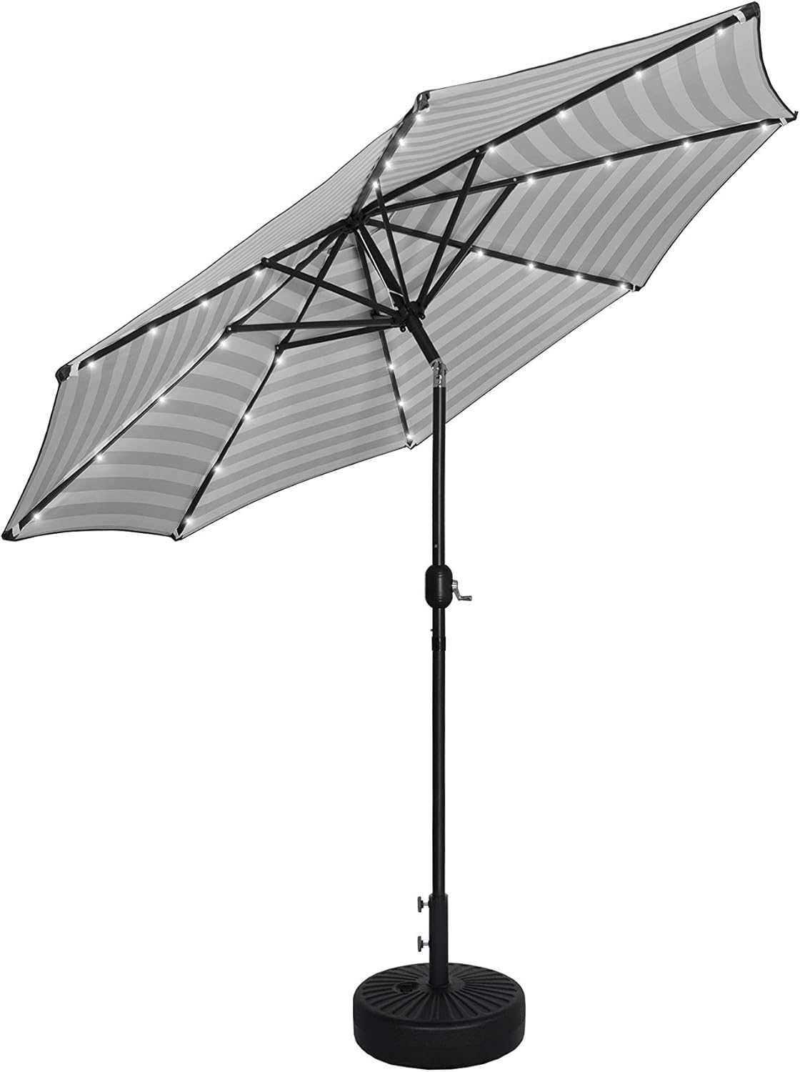 WO Home Furniture 9 Ft Patio Solar Power LED Lights Market Umbrella with Black Color Round Free Standing Weight Base kit, Gray/White