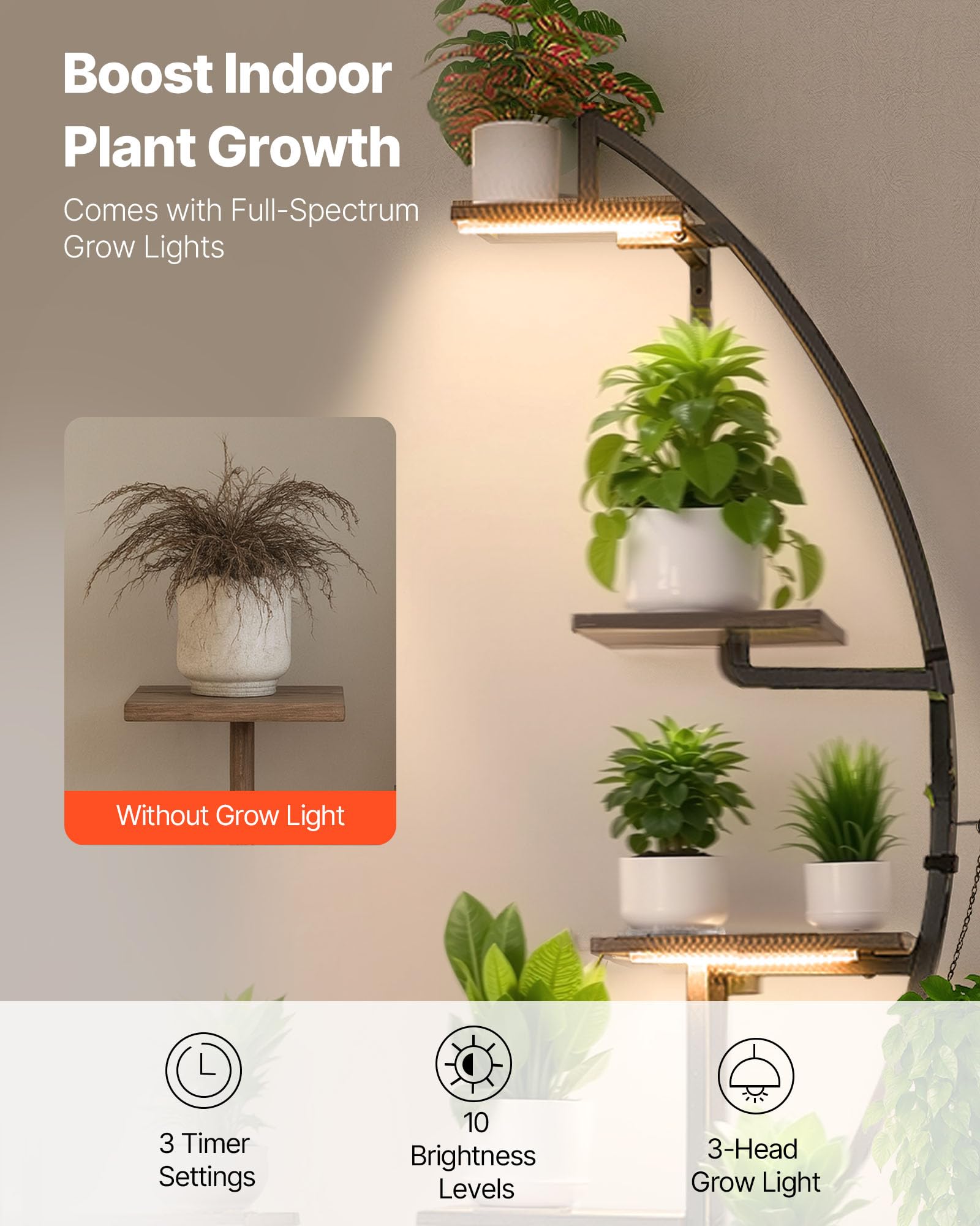 VEVOR Soporte para Plantas con Luz de Cultivo 7 Niveles Alto de 166,5 cm, Forma de Media Luna 2 Piezas, Estante con Luz para Plantas, 3 Temporizadores y 10 Niveles de Brillo, para Sala de Estar