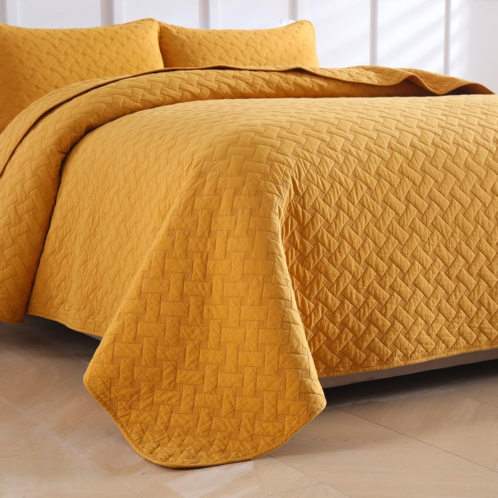 Cotton King Quilt Bedding Sets, 3 Pieces Reversible Lightweight Coverlets Comforters Bedspreads for All Seasons,Weave Stitching Pattern, Yellow - Image 4