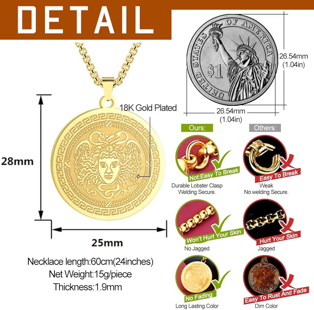LUTAKU Mens Jewellery Gorgon Medusa Gold Necklace for Men Boys Unisex Ancient Greek Mythology Pendants Pagan Charm Hip Hop Chains for Men (265G) - Image 3
