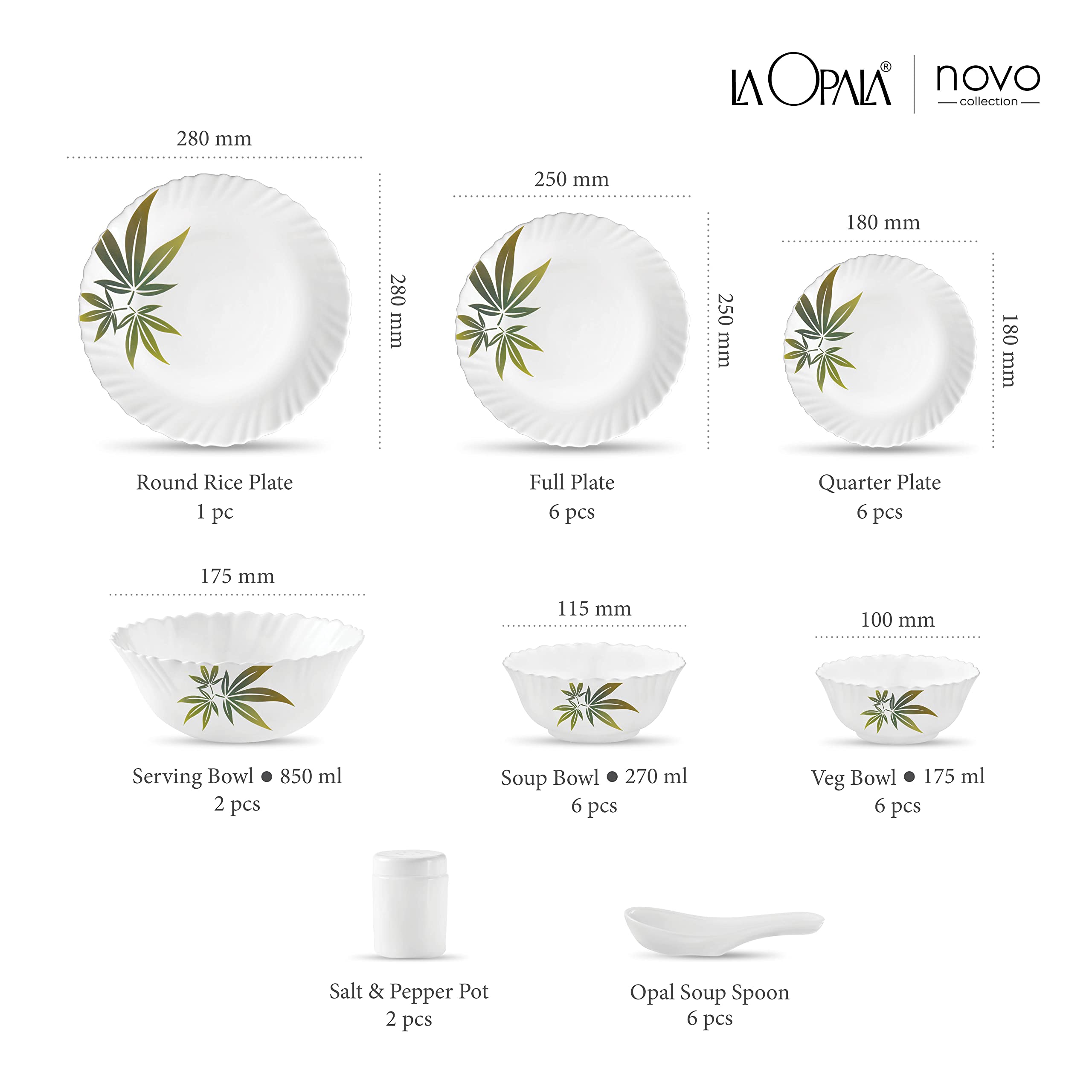 La Opala Novo Collection Opal Glass Crockery | for Family of 6 | Dinner Set 35 pcs Trinty Green | Plates & Bowls for Dining | Microwave Safe | 100% Vegetarian | Extra Strong | Light & White - Image 3 thumbnail