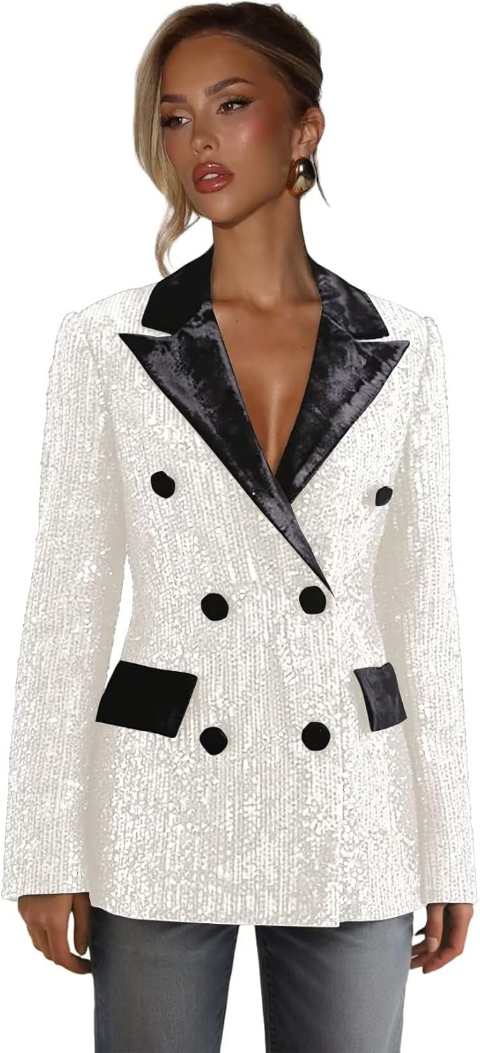 Sequin Womens Blazer Sparkly Peak Lapel Suit Jacket for Women Double Breasted Glitter Wedding Party Blazers