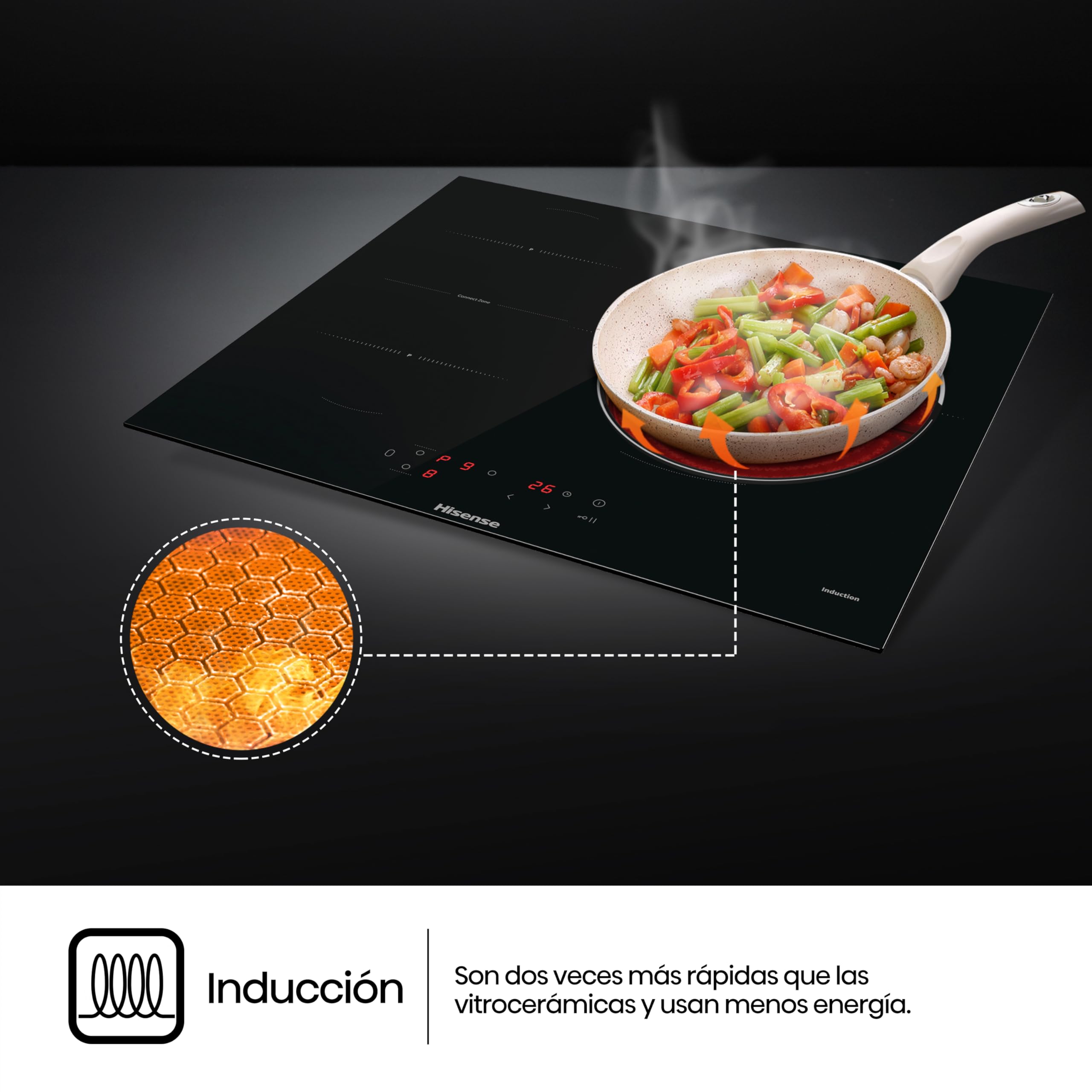 Hisense HI6321BSCE - Placa Induccion, Vitroceramica, 3 Fuegos, 7200W, Calentamiento Rápido Power Boost, Contol Táctil, Zona Expandible