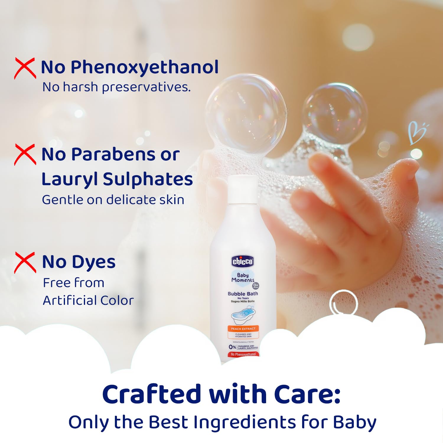 Chicco Baby Moments Bubble Bath, 300ml with Peach extracts | No Tears Formula | Hydrated Skin | Dermatologically Tested | Parabens & Phenoxyethanol Free - Image 6 thumbnail
