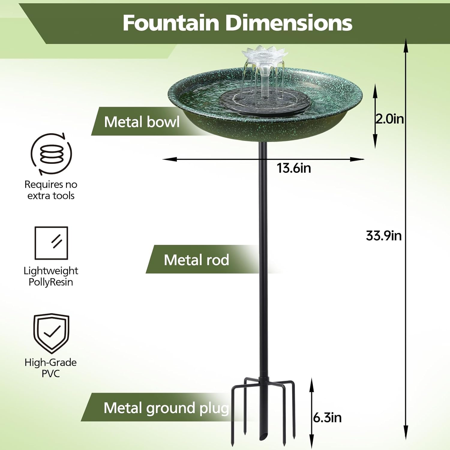Solar Fountain Bird Bath for Outside Garden Decor,All Metal Hummingbird Bath & Crow Feeder with 5-Prong Base,Standing Bird Feeder for Backyard Birding & Wildlife,Copper Green