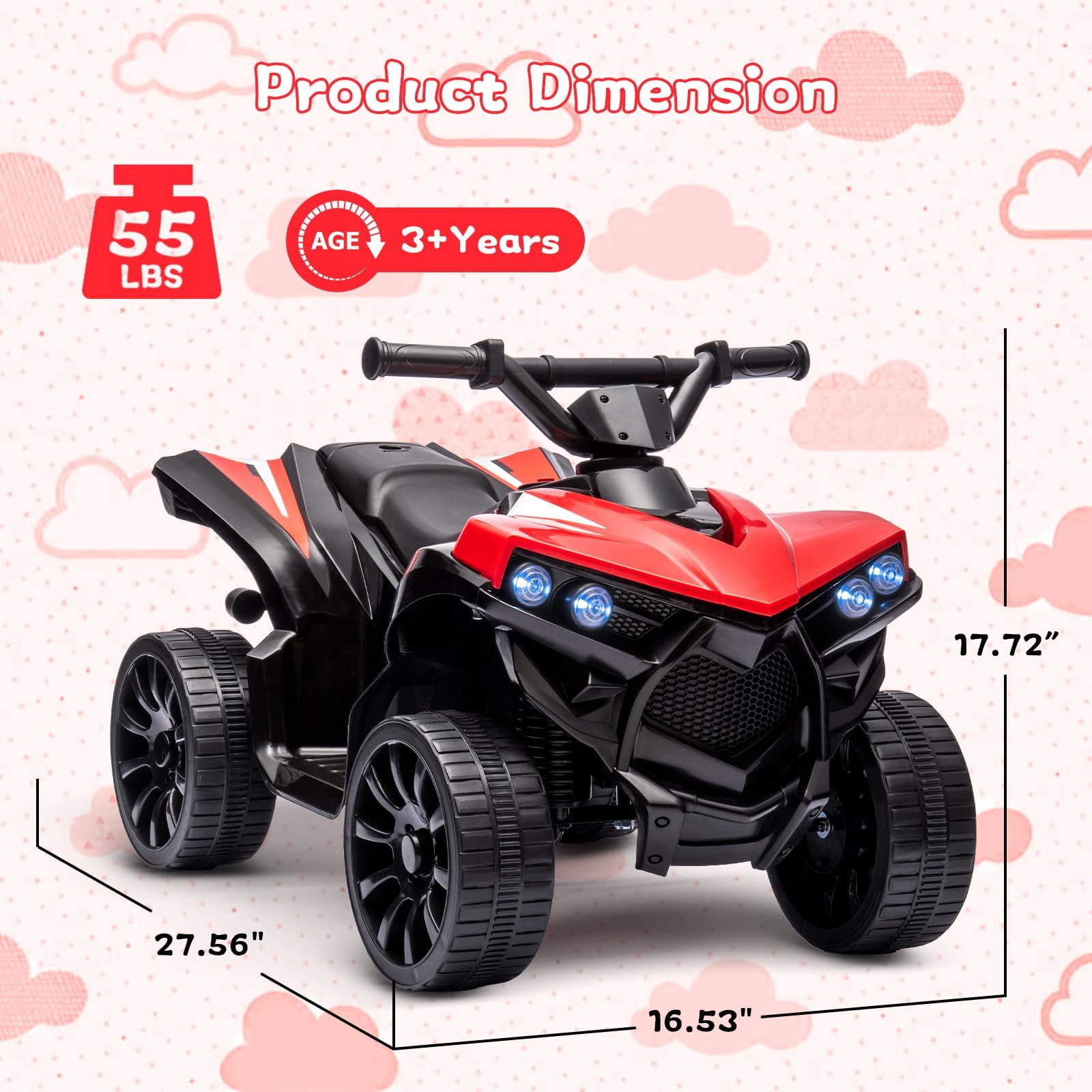 Quad Eléctrico para Niños 6V, Quad Eléctrico Infantil, Rojo | Faros LED, Música, Claxon, Pedal Acelerador, Marcha Adelante/Atrás, Velocidad 1,5-3km/h,Vehículo Eléctrico para Niños 3+ Años