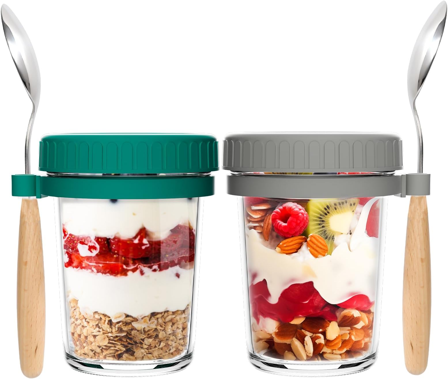 2 Pack Overnight Oats Jars with Lids and Spoon, 350ml Airtight Breakfast Jars with Measurement Marks, 12oz Chia Seed Pudding Container for Salads Cereal Cereal Milk Porridge Fruit Yogurt, Grey& Green