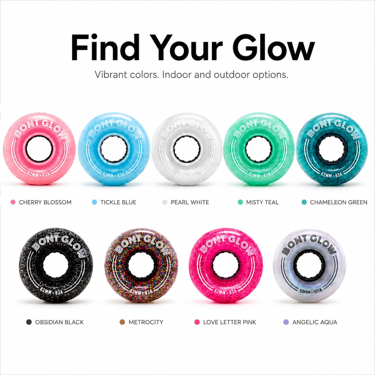 Bont Glow - Ruote per pattini a rotelle, senza batteria, 58 x 32 mm, 101 A, confezione da 4, per esterni e quad (lettera d'amore rosa)
