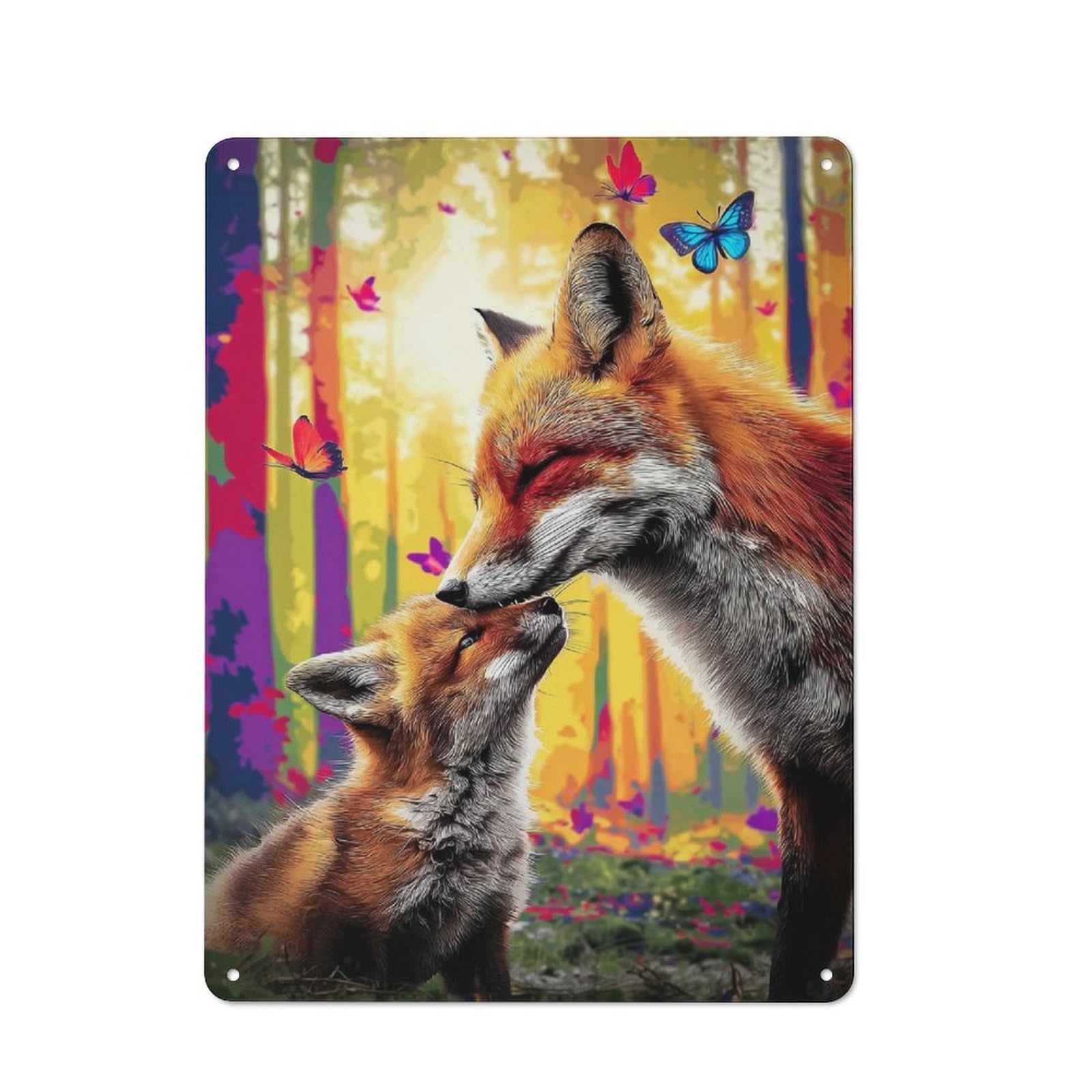 Junmoney Foxes In A Colorful Forest Decorative Tin Plaque With Design 40X30cm, Classic Novelty Wall Art For Flat, Dorm Room, Lounge Or Cafe