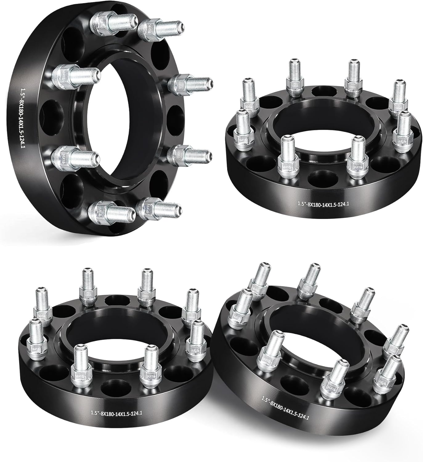 evil energy 8x180 wheel spacers 1.5 inch compatible for chevy silverado 2500 2011-2018, 8x180 mm hubcentric with lip 8 lugs 124.1 mm hub bore m14x1.5 studs black