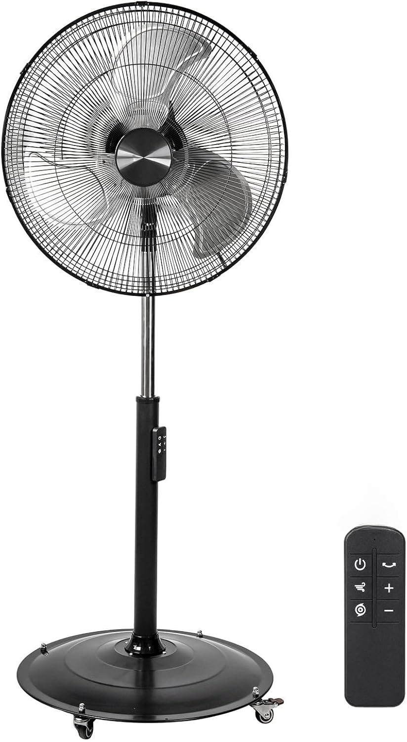 18 Inch DC Motor Pedestal Fan, 4900 CFM High Velocity Oscillating Fan, Remote Control, Heavy-Duty Metal Standing Fan with 4 Casters, UL Listed for Warehouse, Garage, Workshop - Black