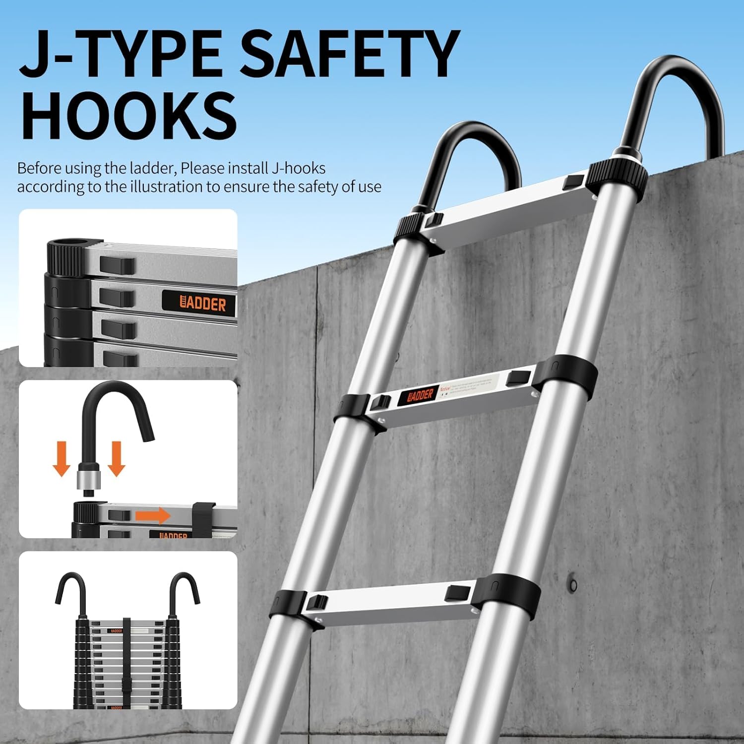 Telescoping Ladder,8.5FT Aluminum Multi-Purpose Collapsible Ladder with Stabilizers and Hooks,Jiashche Portable Extension Ladder for RV or Outdoor Work Silver,330lb Max Capacity