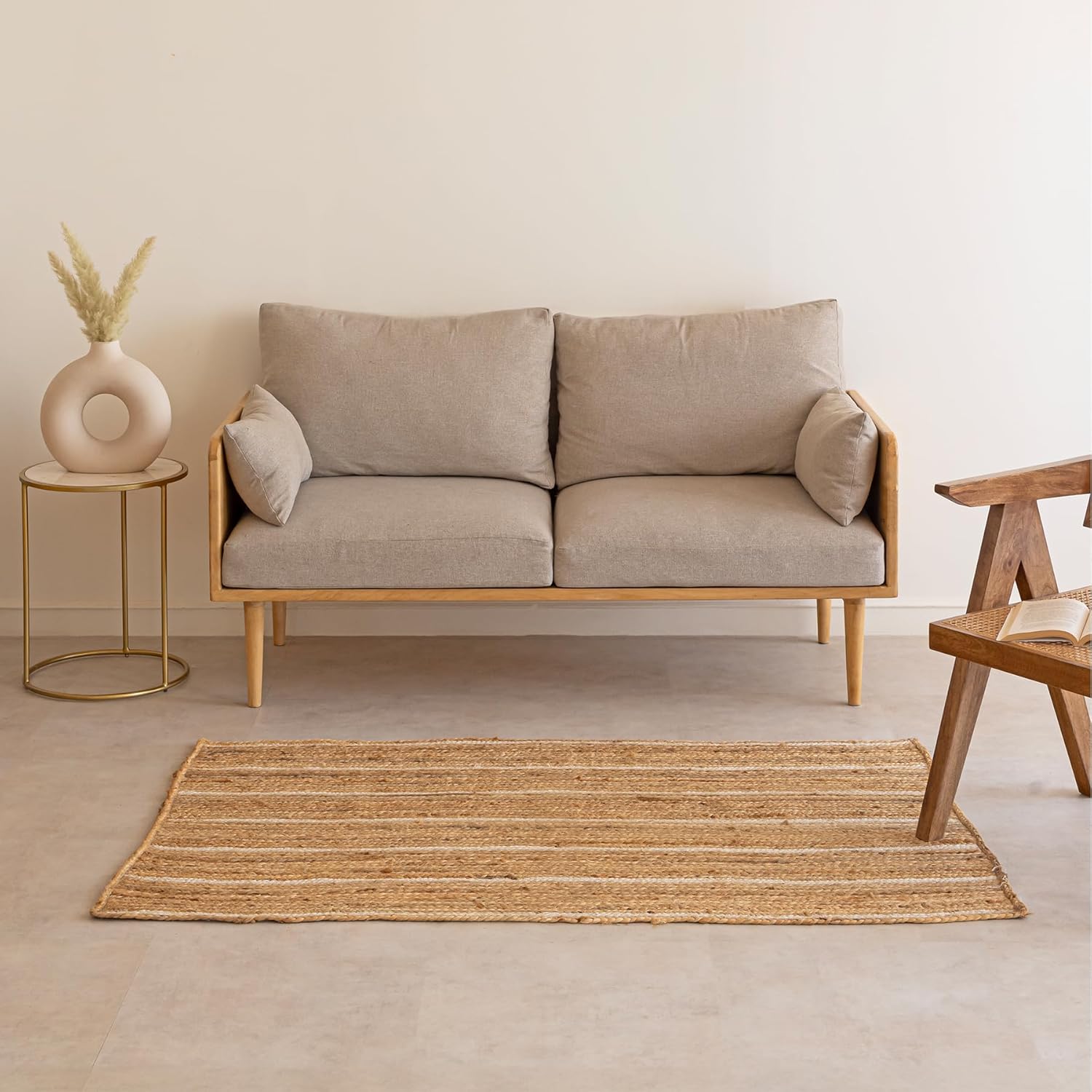 HOMEMONDE Natural Braided Jute Area Rug 4x6 ft - Off White Stripe Eco Friendly Premium Fiber - Hand Woven Rustic Vintage Reversible Carpet Rugs for Bedroom, Kitchen, Living Room and Dining Room