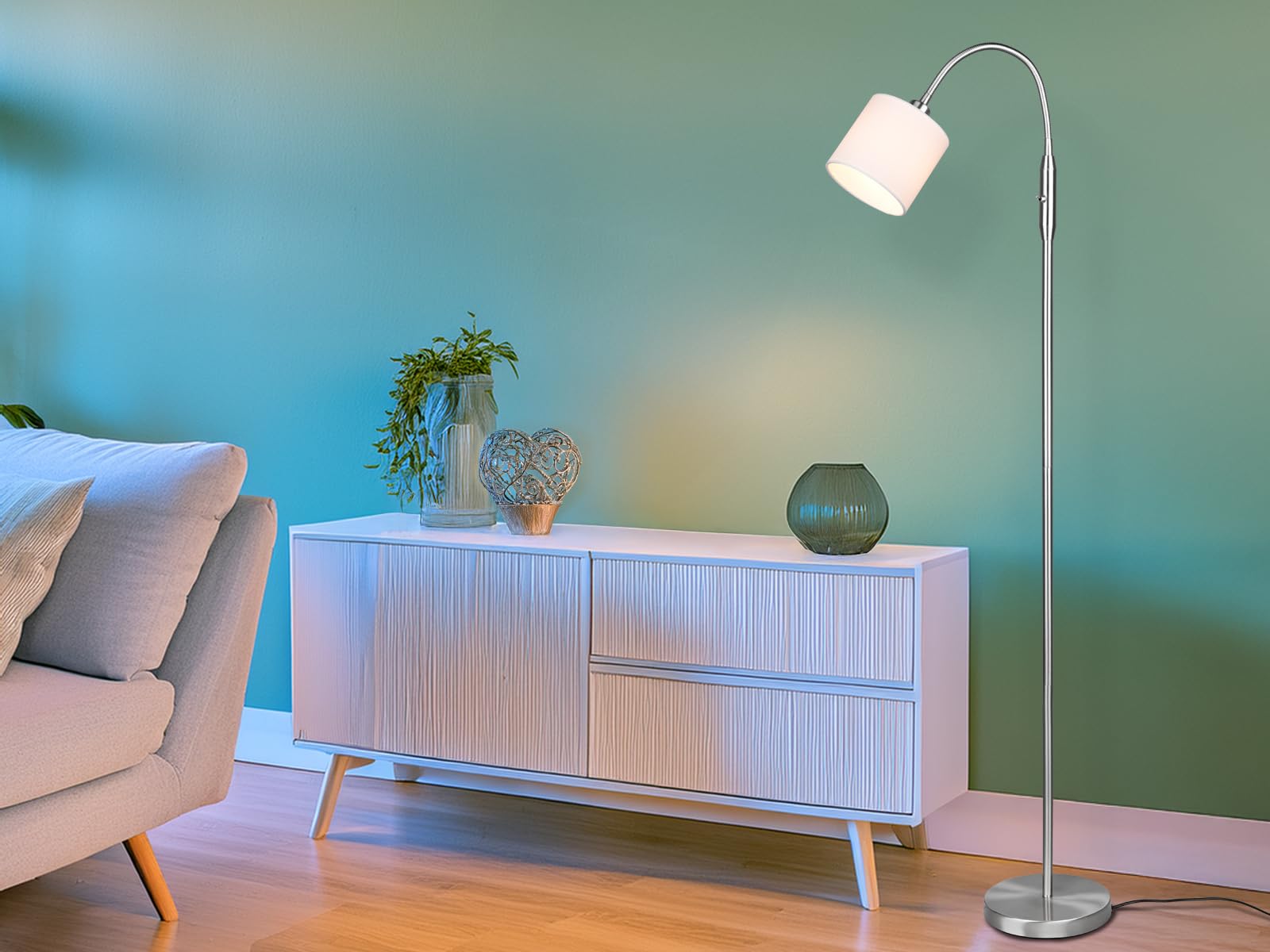 Kleine Stehleuchte 130cm mit Flexarm und Stoffschirm Weiß